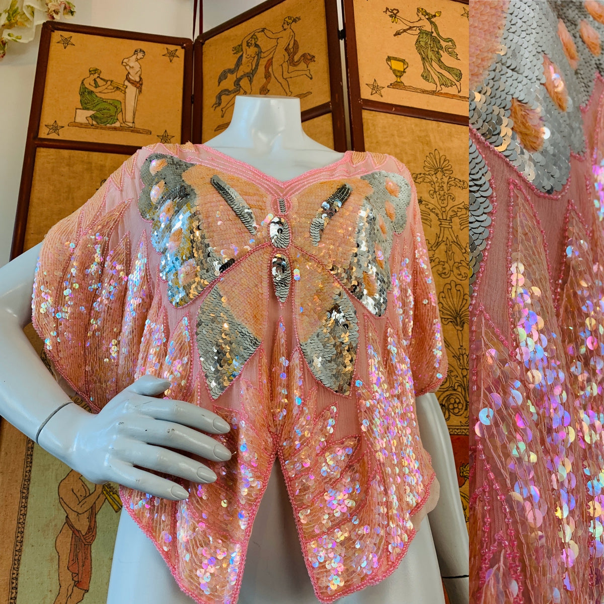 Pink Sequin Butterfly Silk Blouse — vintage 1980s top in pink