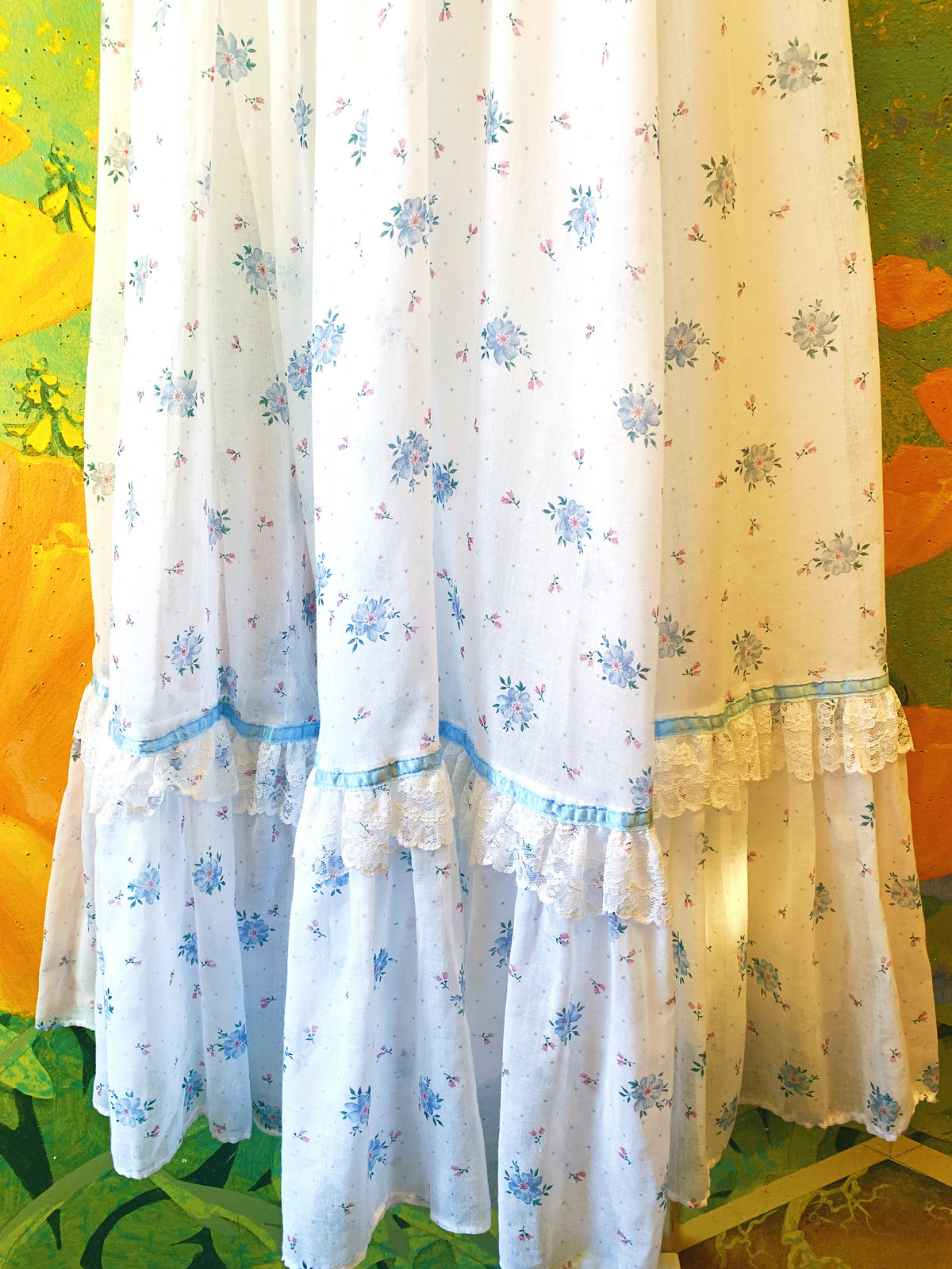 White & Blue Floral Gunne Sax Sleeveless Maxi Dress — vintage 1970s Gunne Sax dress in white, blue