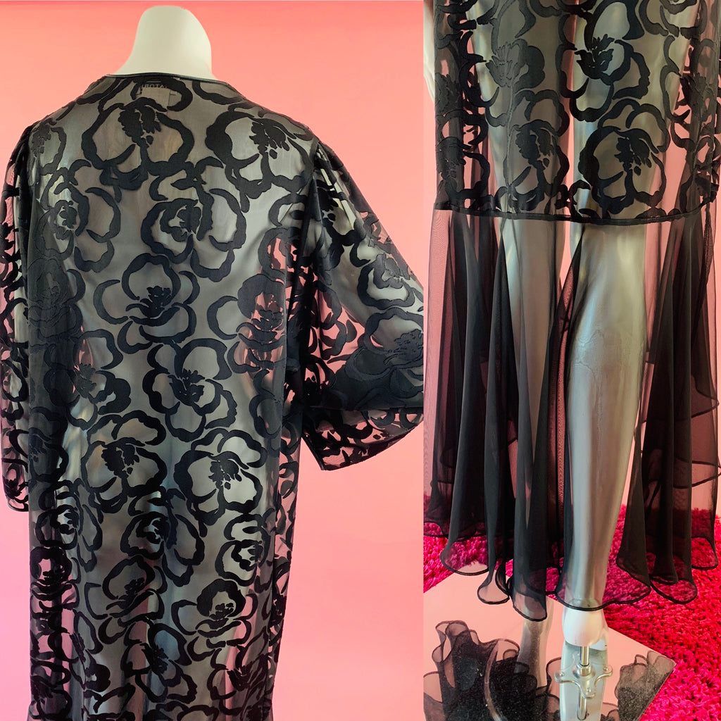 Black Burnout Sheer Trumpet Hem Duster — vintage Natori dress in black