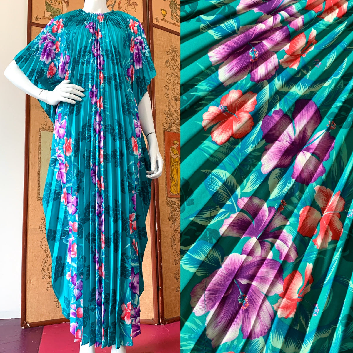 Tropical Green Crystal Pleated 70s Caftan — vintage 1970s caftan in green