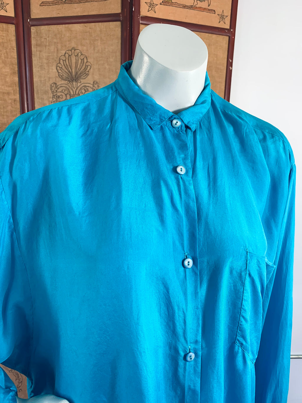 Kenzo Turquoise Silk French Cuff Button Up Blouse — vintage Kenzo jewellery in blue