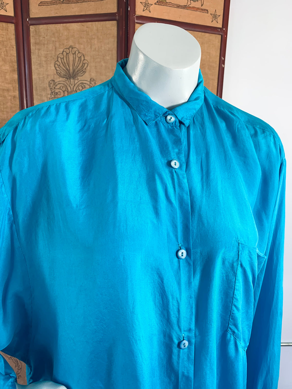 Kenzo Turquoise Silk French Cuff Button Up Blouse — vintage Kenzo jewellery in blue