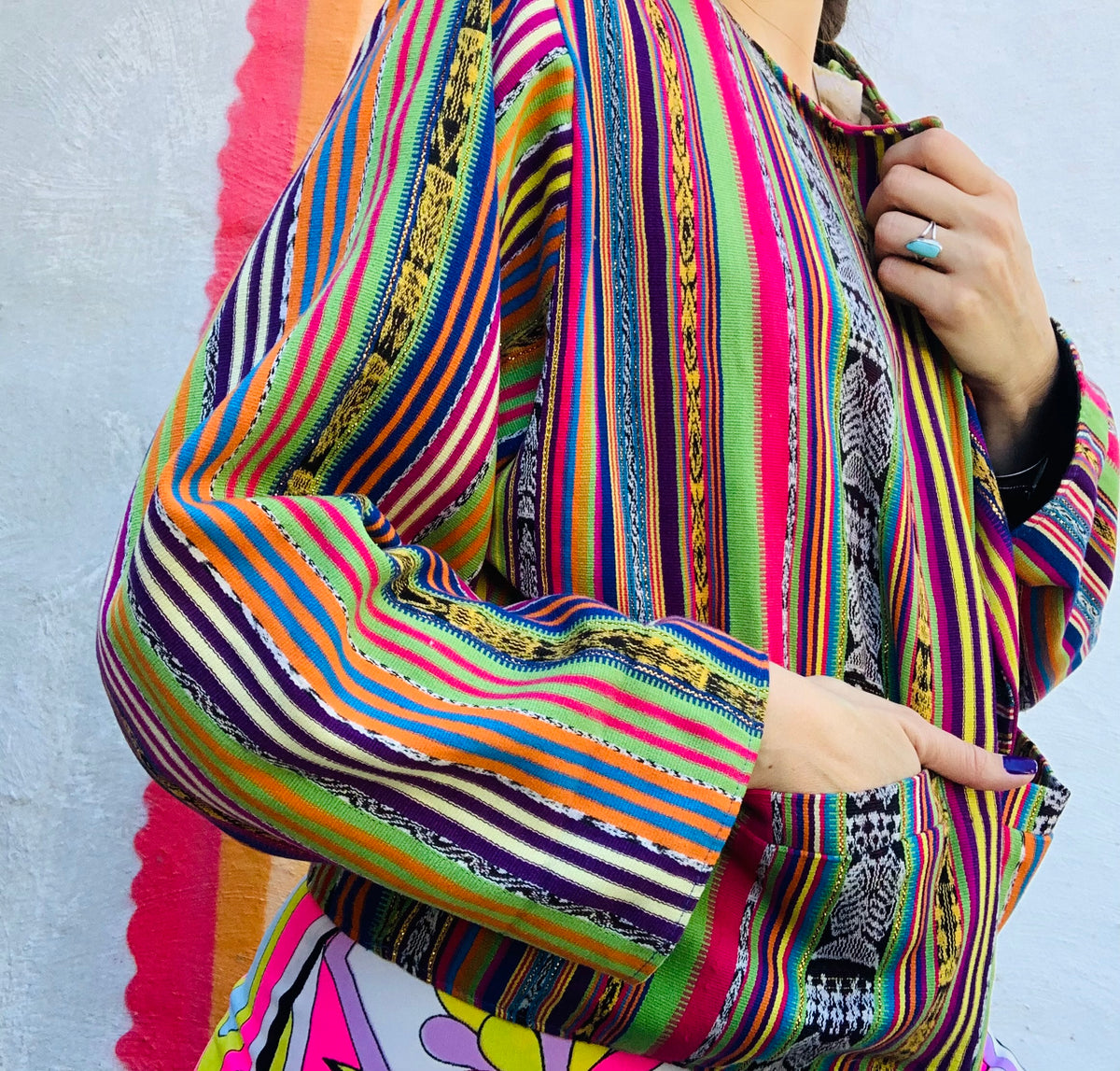 Guatemalan Rainbow Gold Metallic Cotton Jacket with Pockets — vintage jacket in gold, multicolour