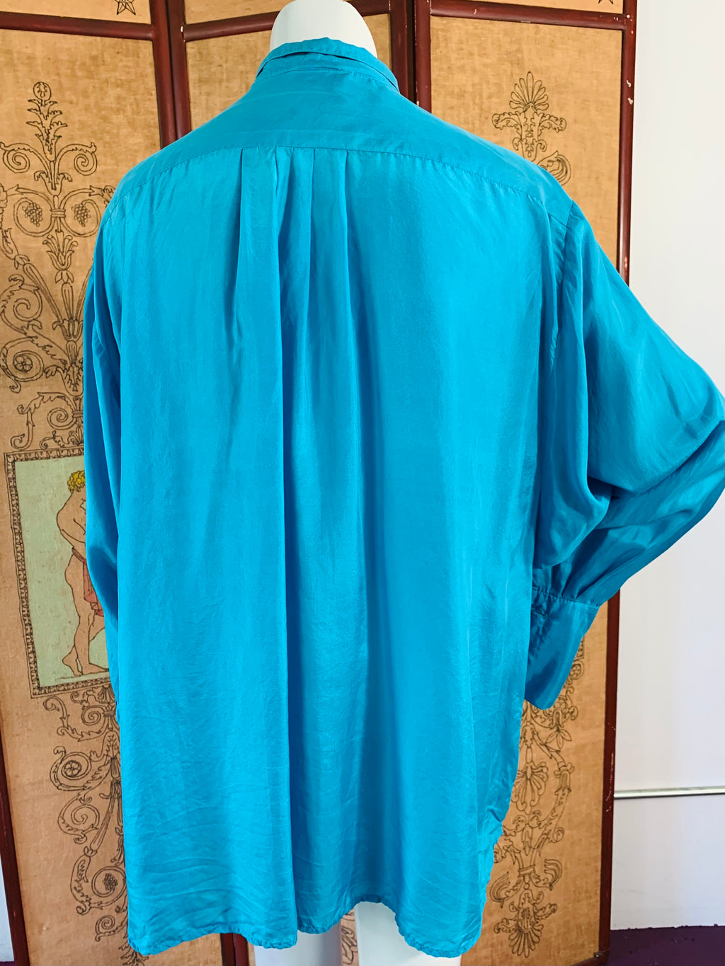 Kenzo Turquoise Silk French Cuff Button Up Blouse — vintage Kenzo jewellery in blue
