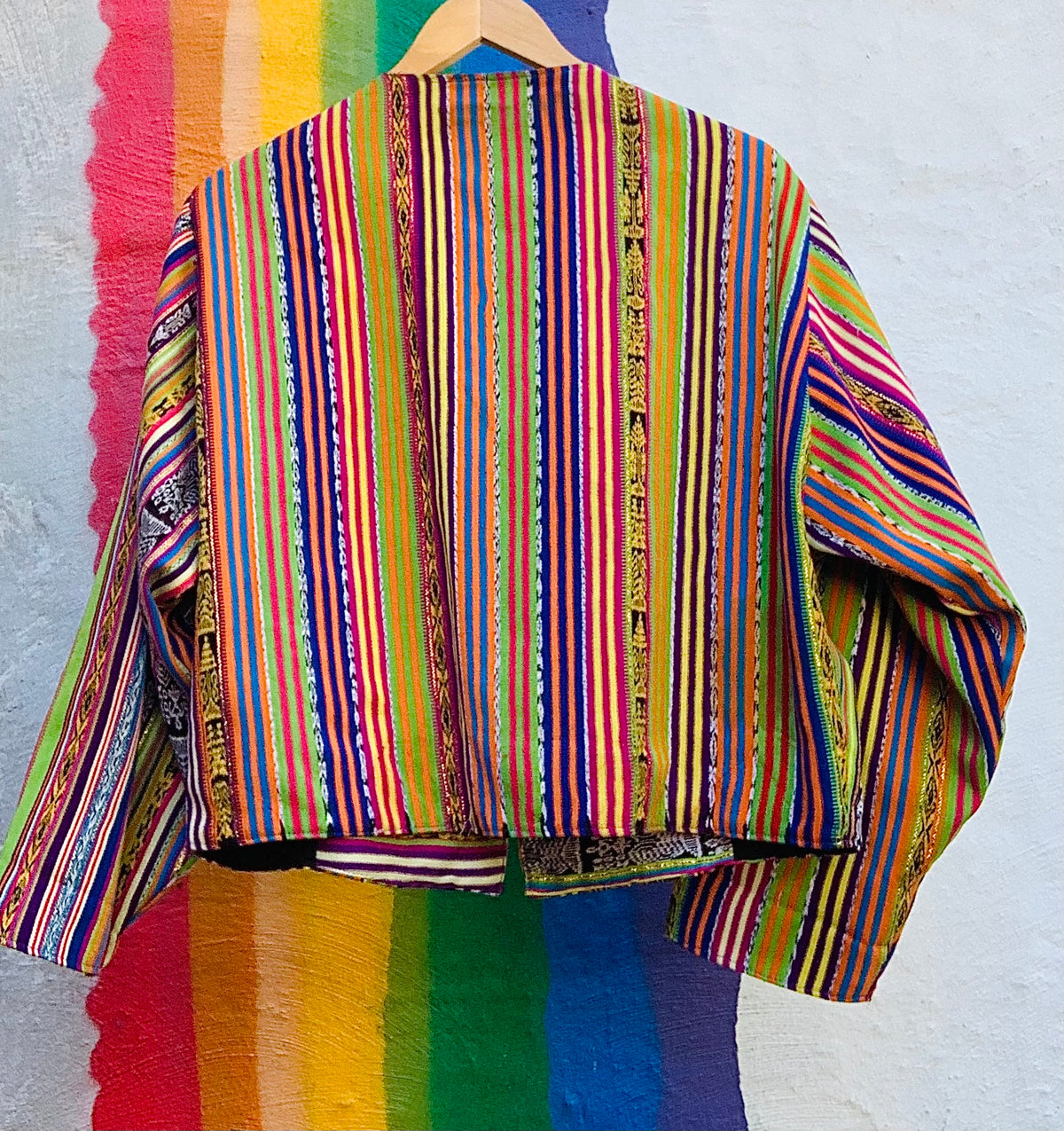 Guatemalan Rainbow Gold Metallic Cotton Jacket with Pockets — vintage jacket in gold, multicolour