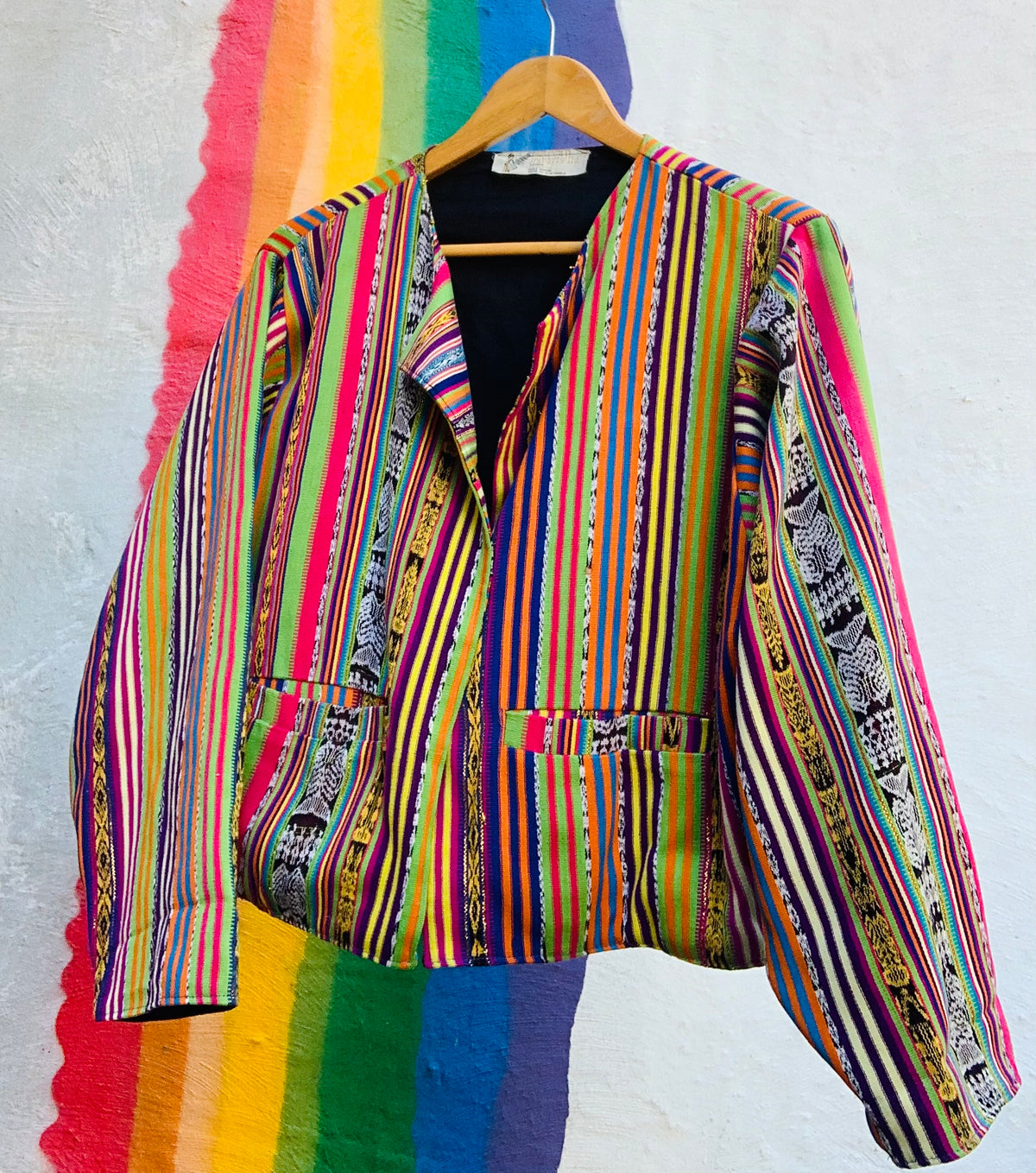 Guatemalan Rainbow Gold Metallic Cotton Jacket with Pockets — vintage jacket in gold, multicolour