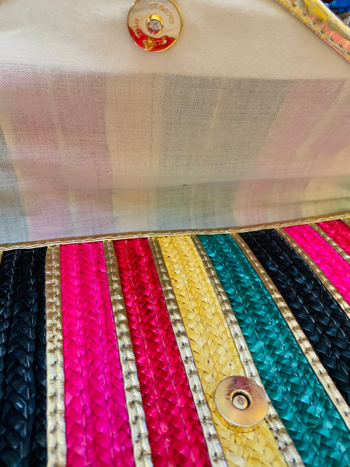 Rainbow Raffia Gold Purse — vintage bag in gold, multicolour