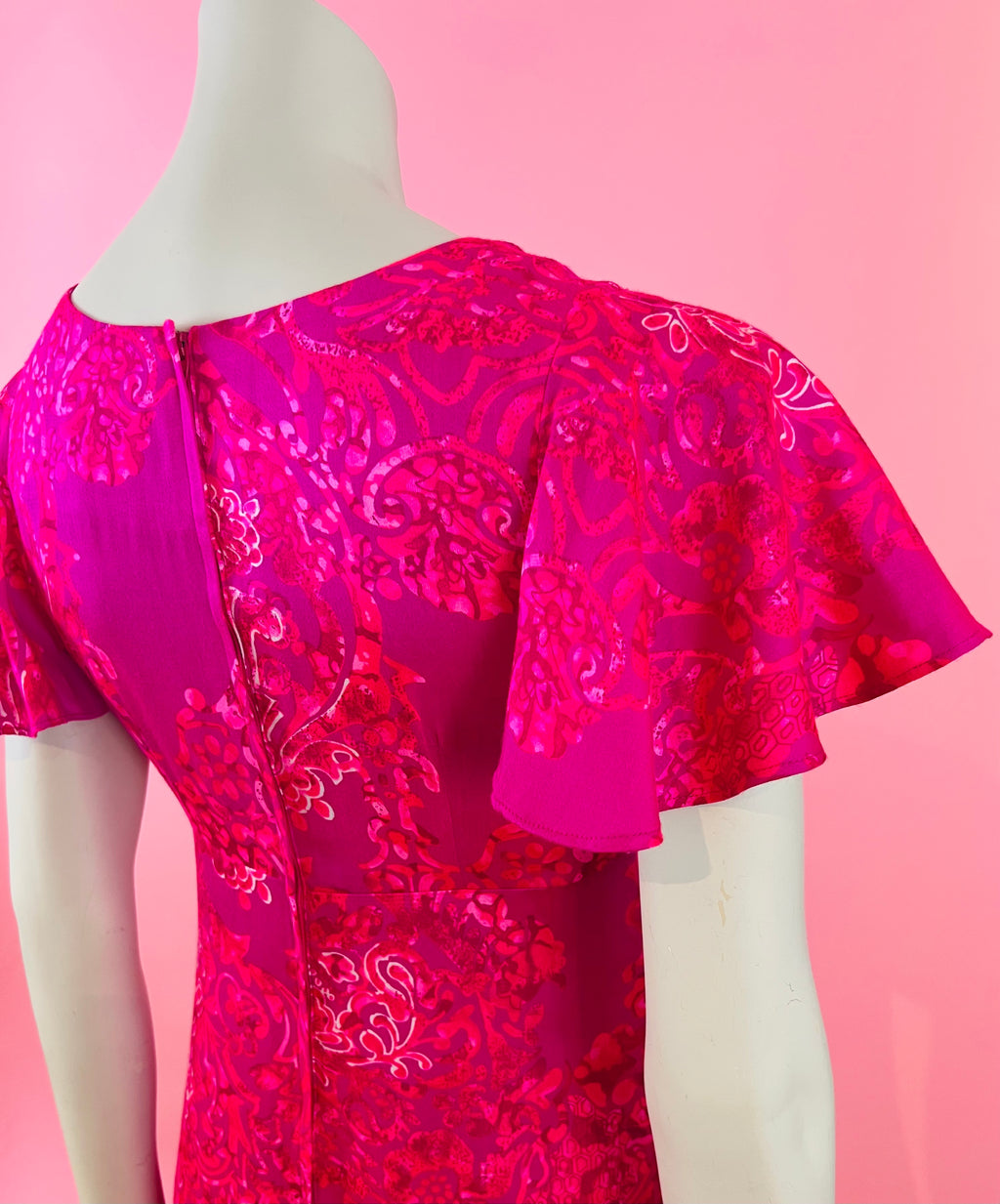 Hot Pink 60s/70s Flutter Sleeve Hawaiian Maxi Dress — vintage 1960s Sa-Ne dress in pink