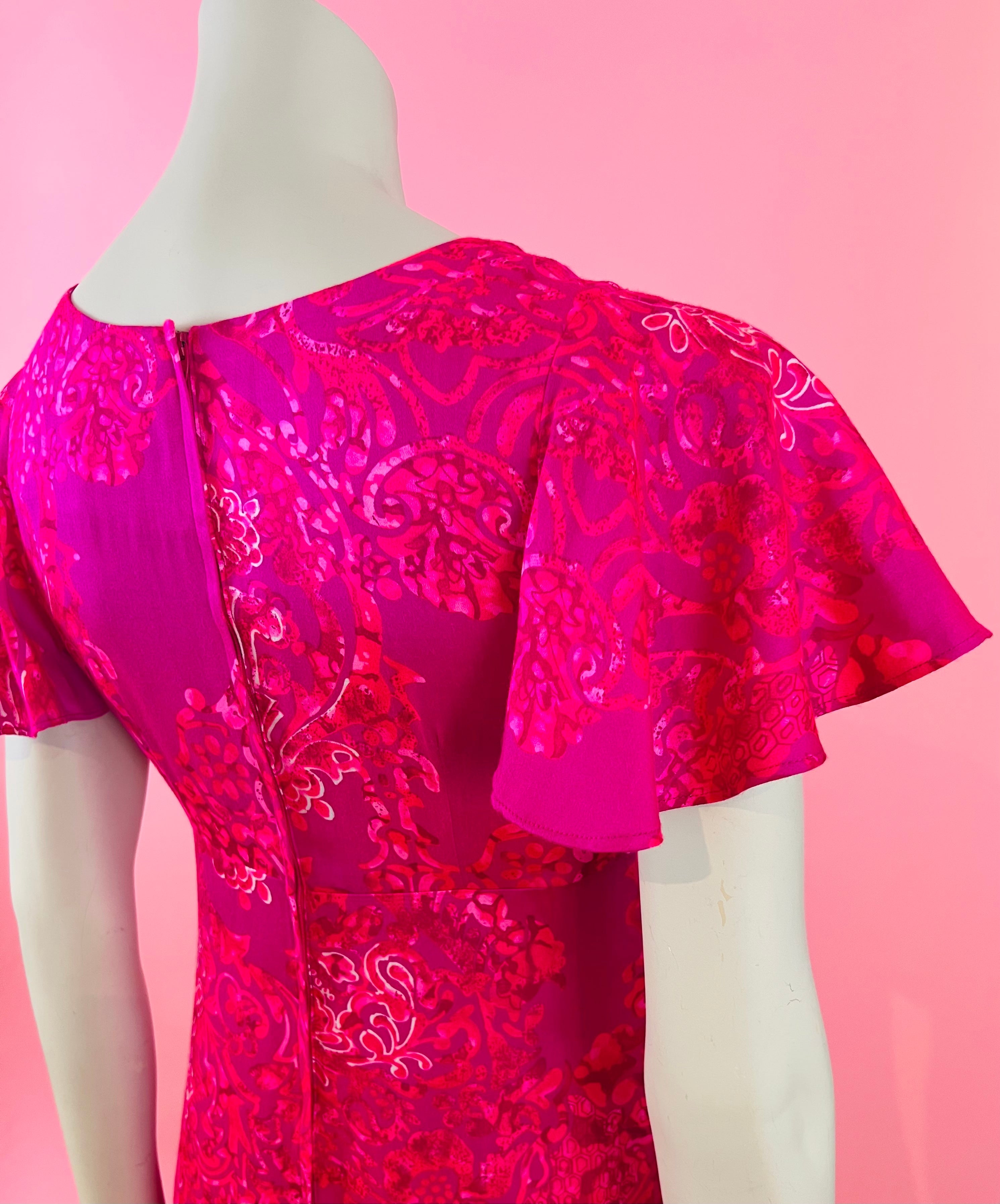 Hot Pink 60s/70s Flutter Sleeve Hawaiian Maxi Dress — vintage 1960s Sa-Ne dress in pink
