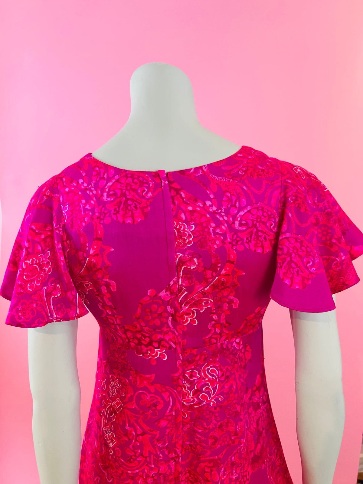 Hot Pink 60s/70s Flutter Sleeve Hawaiian Maxi Dress — vintage 1960s Sa-Ne dress in pink