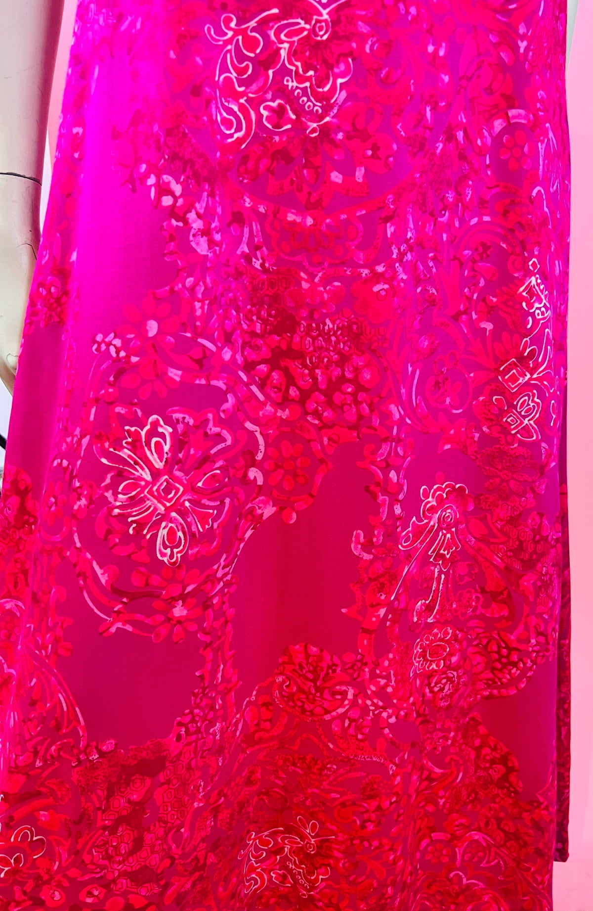 Hot Pink 60s/70s Flutter Sleeve Hawaiian Maxi Dress — vintage 1960s Sa-Ne dress in pink
