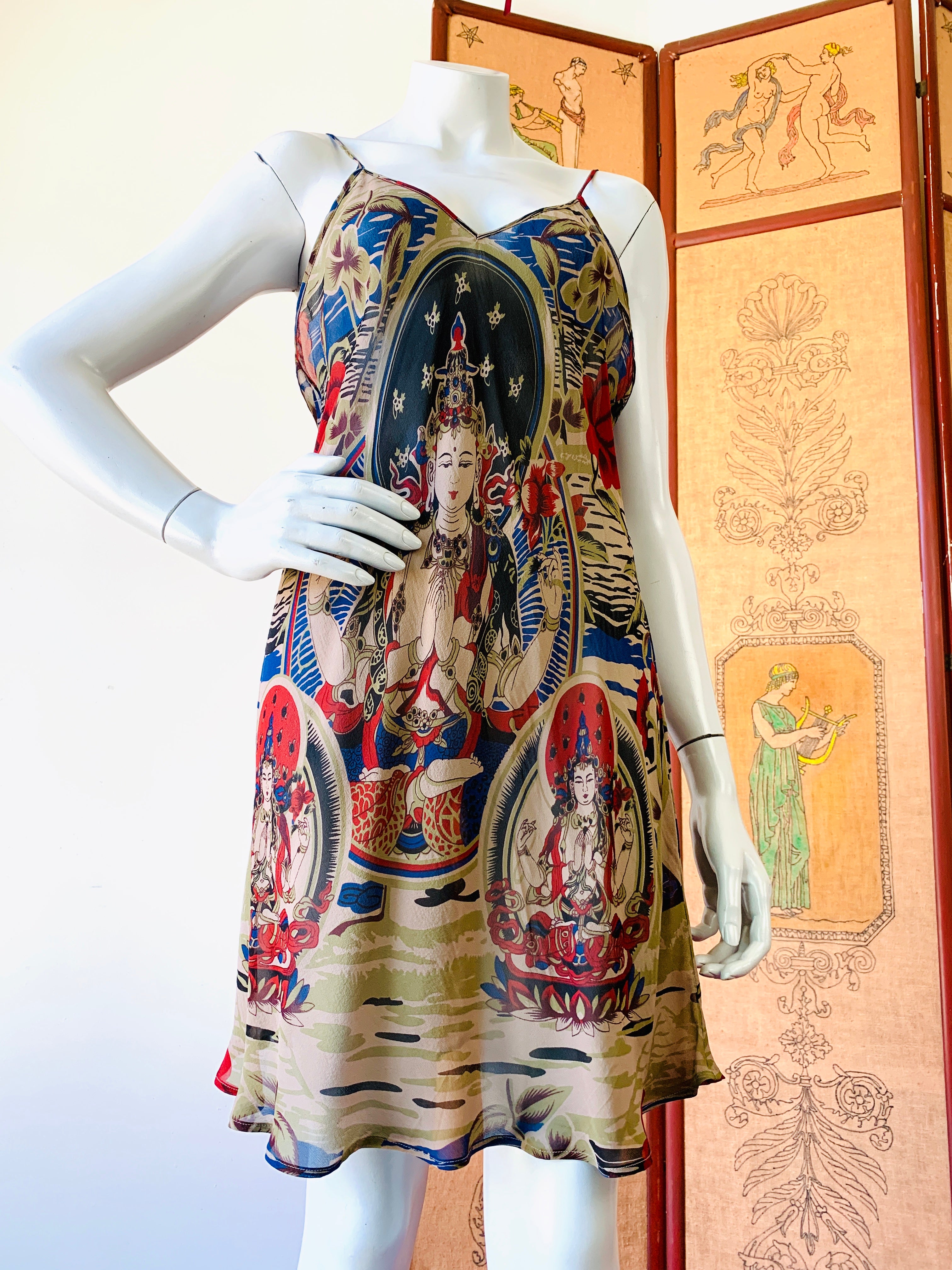 Buddhist Print Silk Sheer 90s Slip Dress — vintage 1990s dress in green