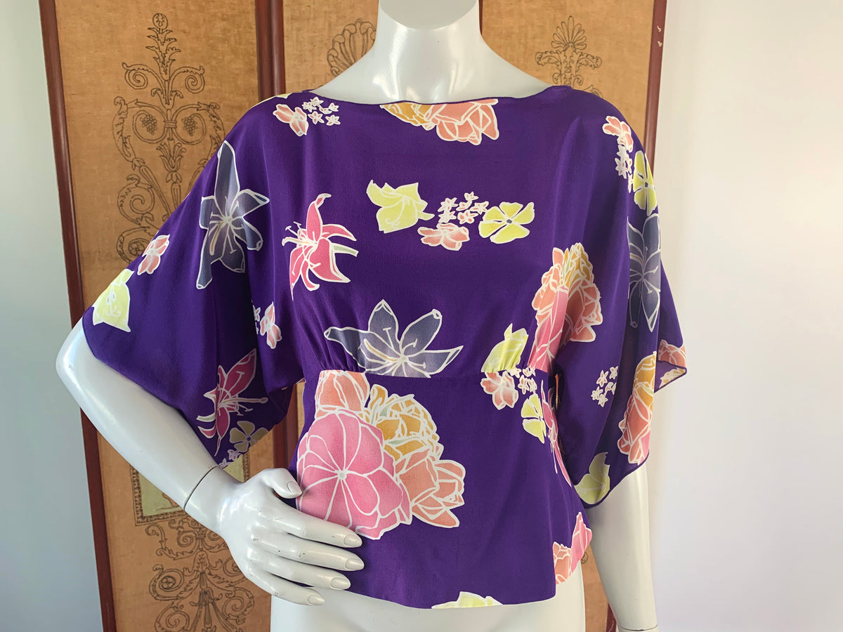 Anna Sui Purple Silk Floral Kimono Blouse — vintage Anna Sui top in purple