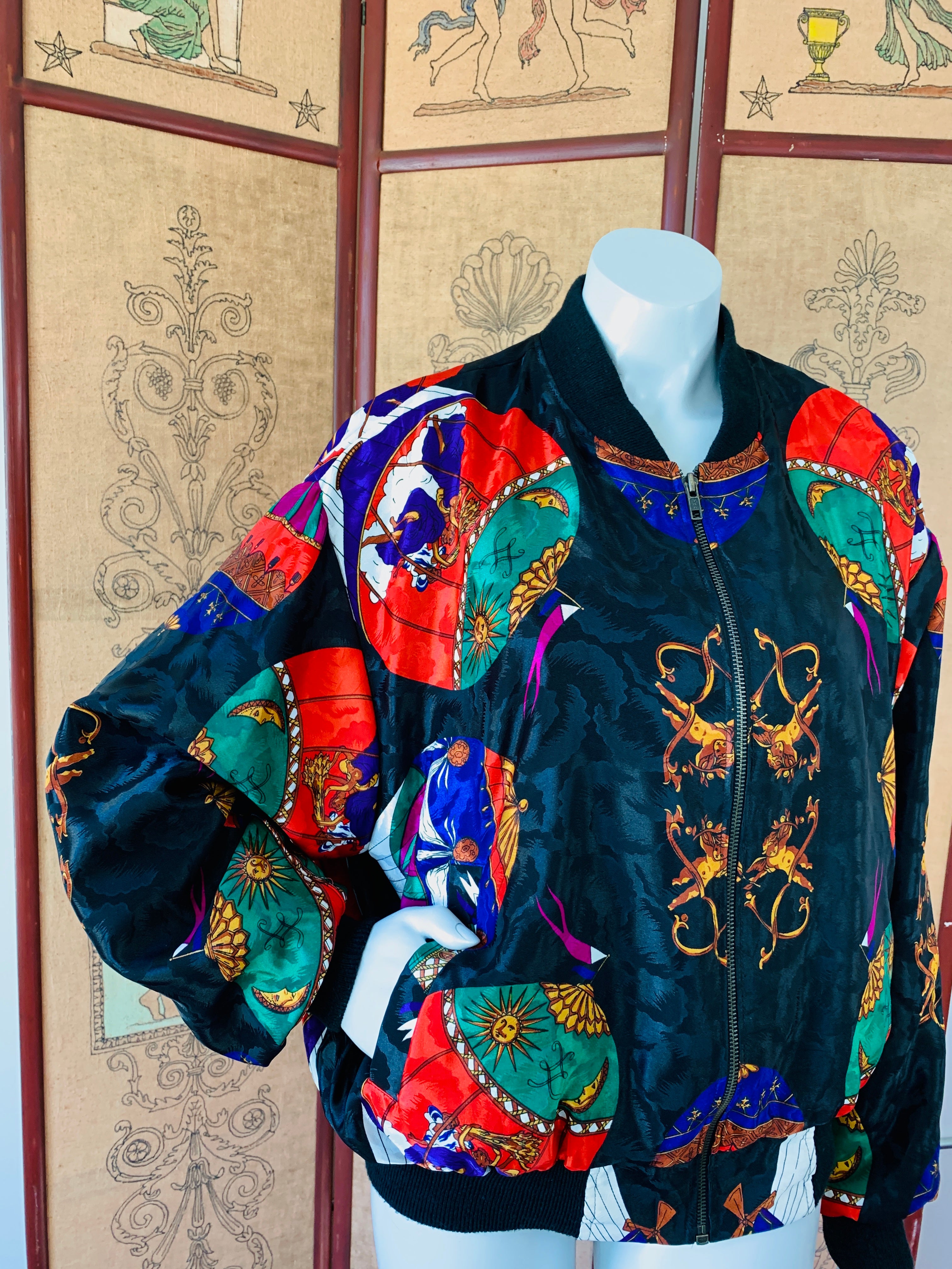 Hot Air Balloon Cherub Print 80s Jacket — vintage 1980s jacket in black, multicolour