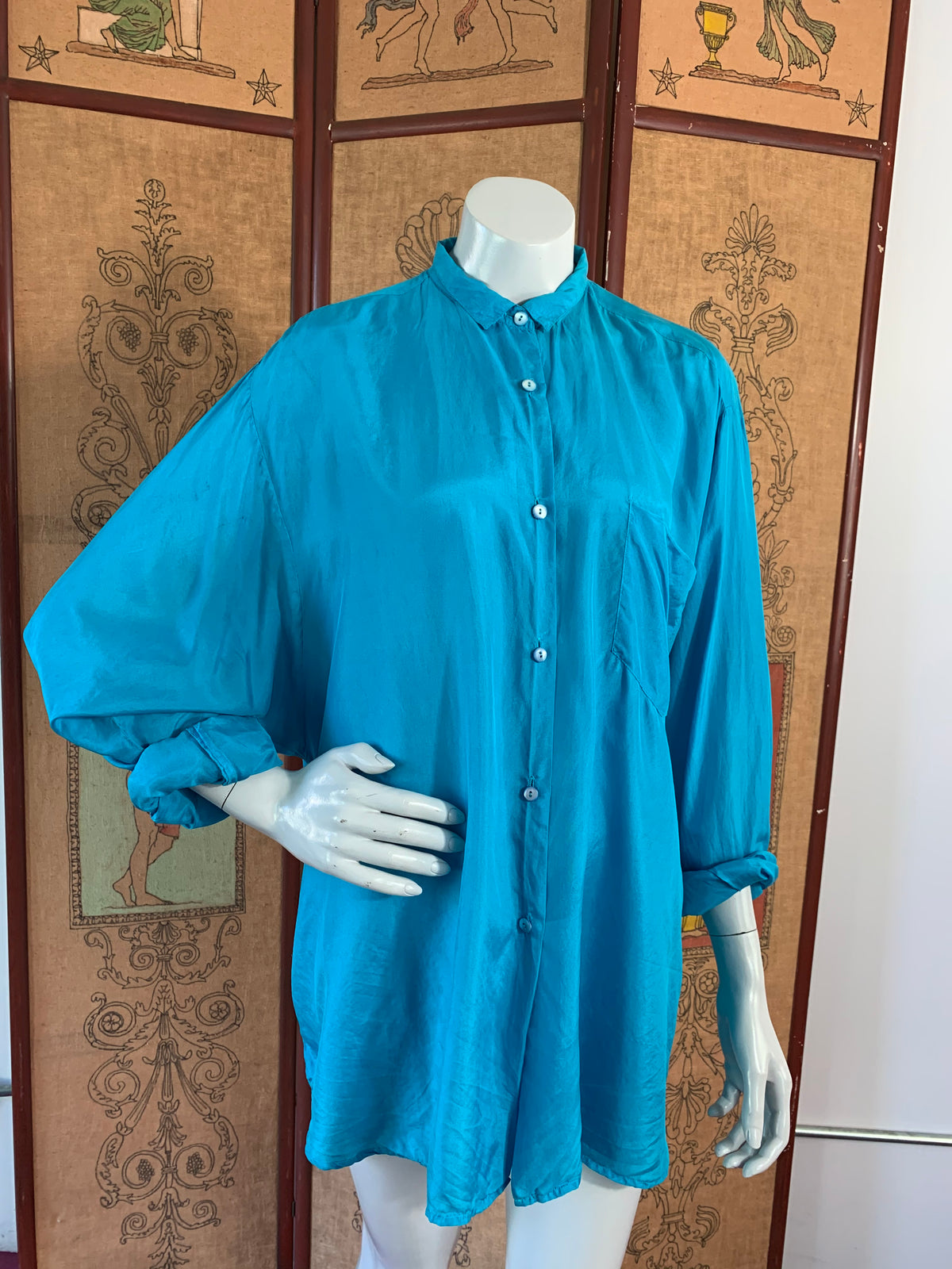 Kenzo Turquoise Silk French Cuff Button Up Blouse — vintage Kenzo jewellery in blue
