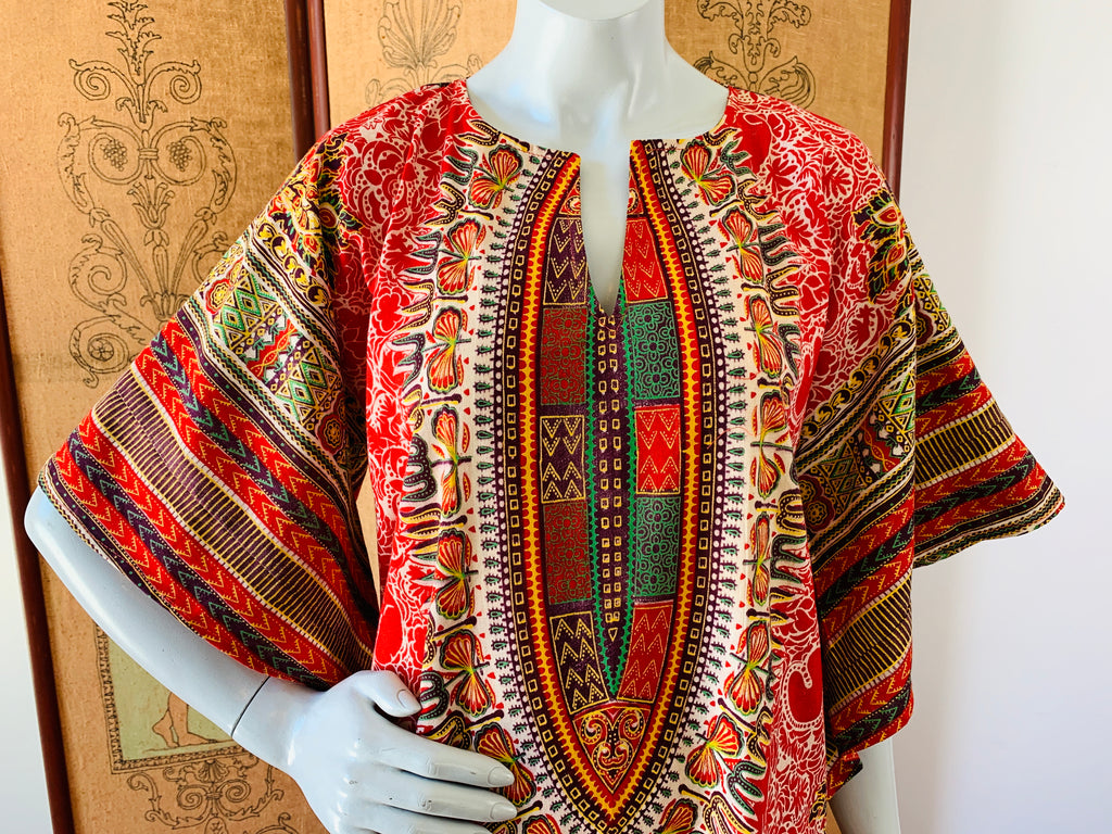 Angel Sleeve 70s Vibrant Block Print Caftan — vintage 1970s dress