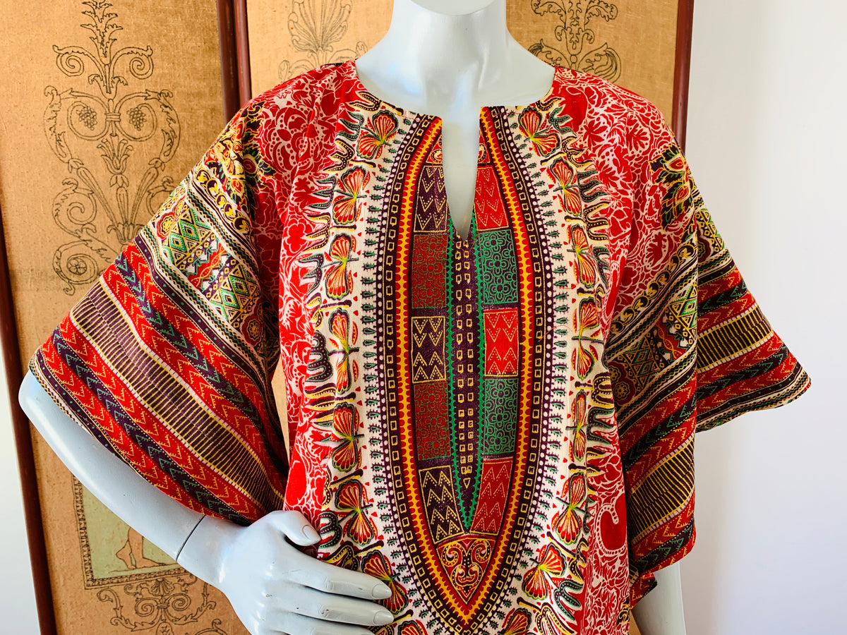 Angel Sleeve 70s Vibrant Block Print Caftan — vintage 1970s dress