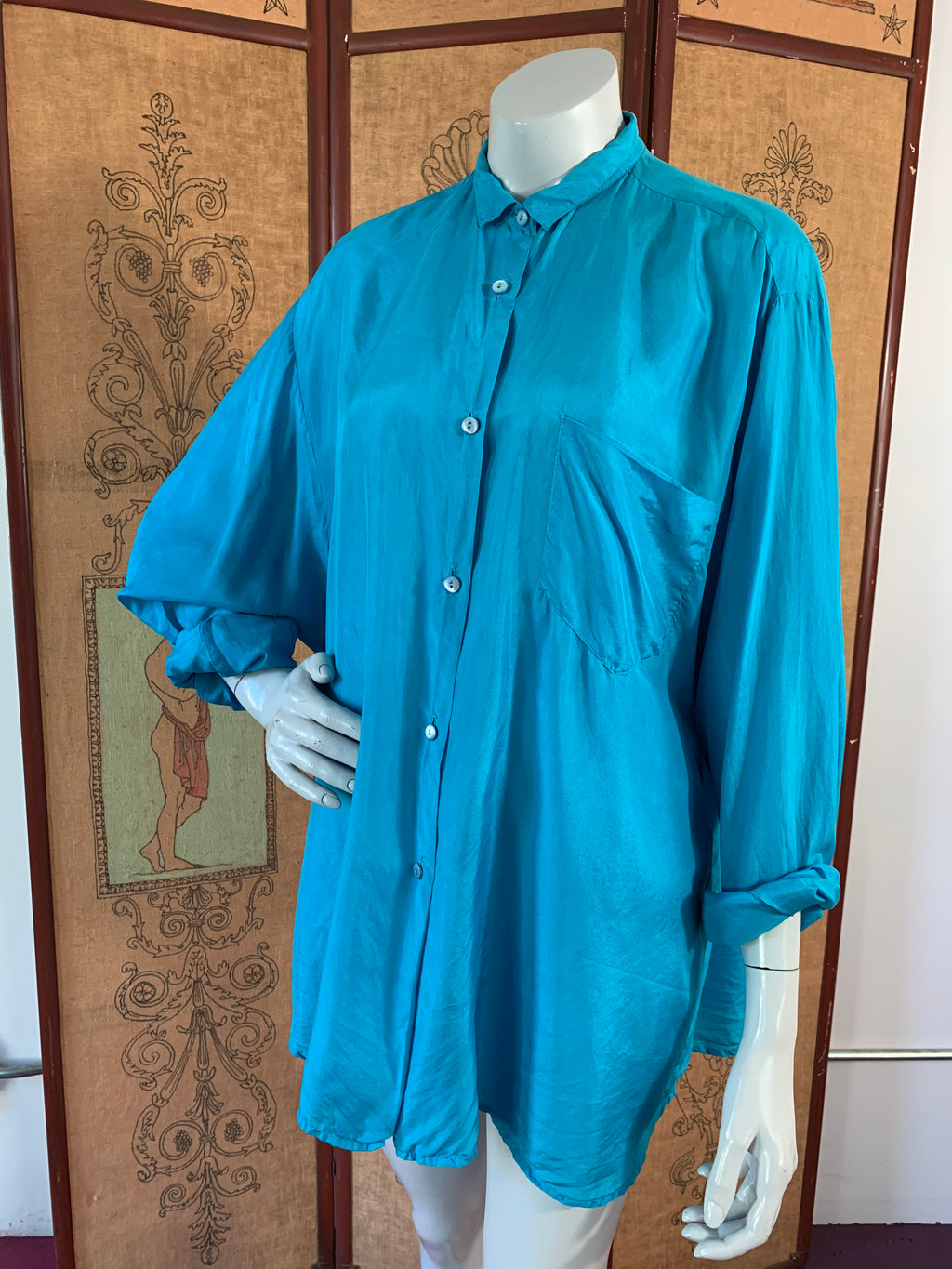 Kenzo Turquoise Silk French Cuff Button Up Blouse — vintage Kenzo jewellery in blue