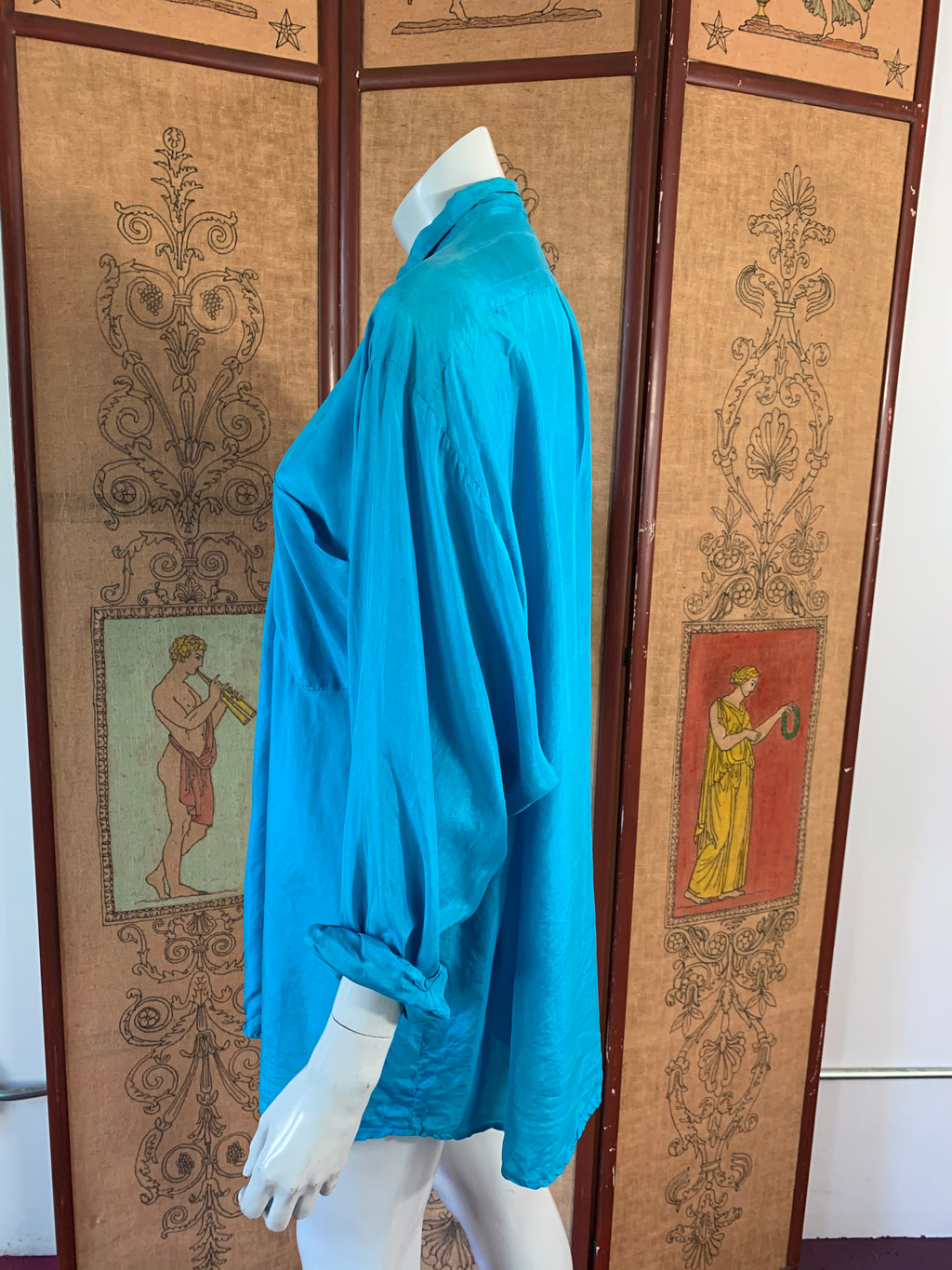 Kenzo Turquoise Silk French Cuff Button Up Blouse — vintage Kenzo jewellery in blue