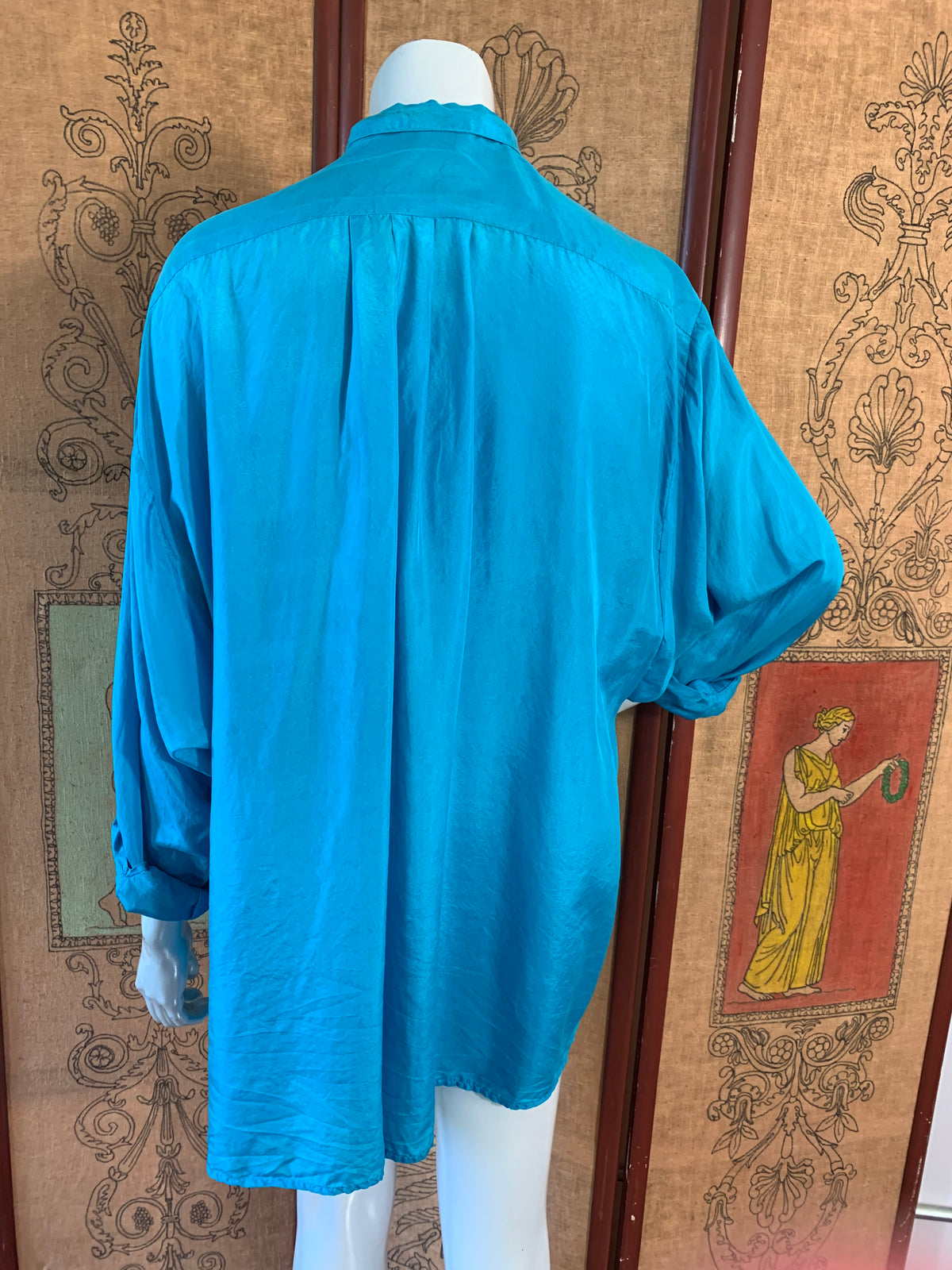 Kenzo Turquoise Silk French Cuff Button Up Blouse — vintage Kenzo jewellery in blue
