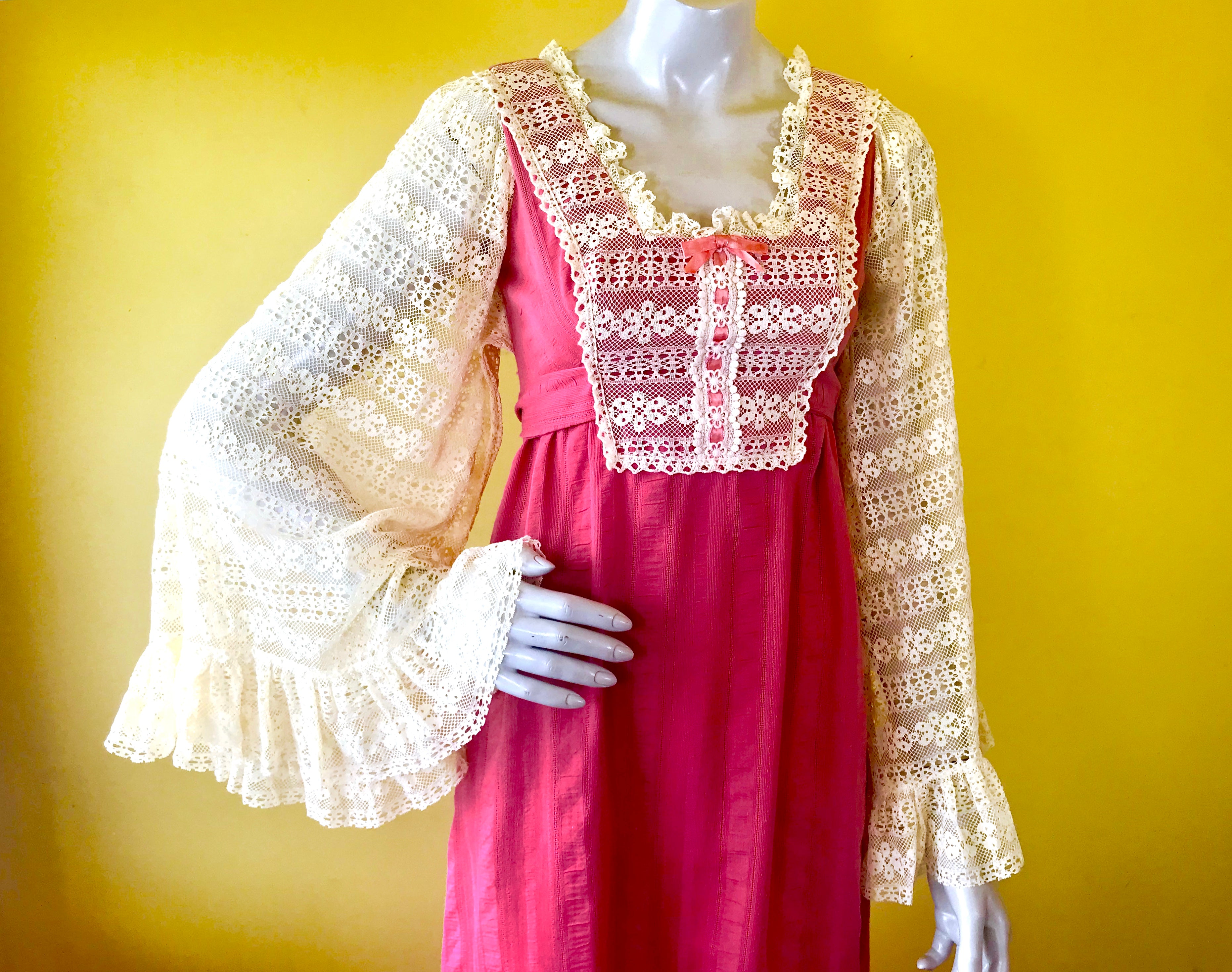 Incredible 1970s Lace Angel Sleeve Pink Maxi Dress — vintage 1970s dress in pink