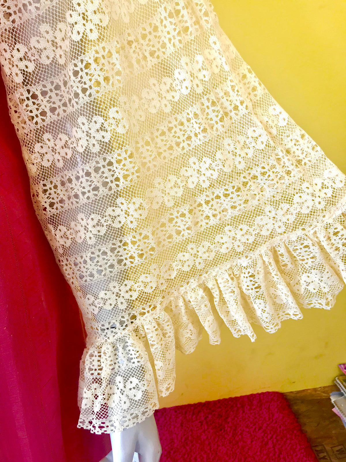 Incredible 1970s Lace Angel Sleeve Pink Maxi Dress — vintage 1970s dress in pink