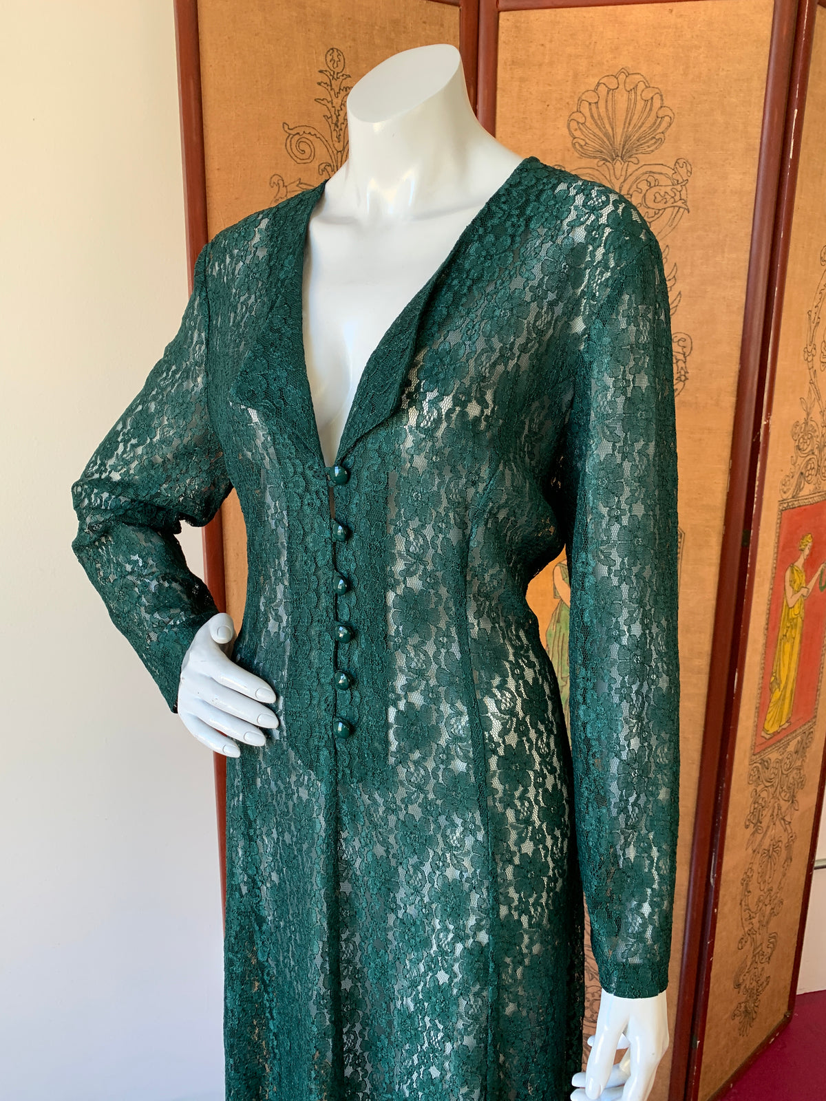 Forest Green Lace Up Back Full Lace Maxi Dress — vintage 1990s dress in green