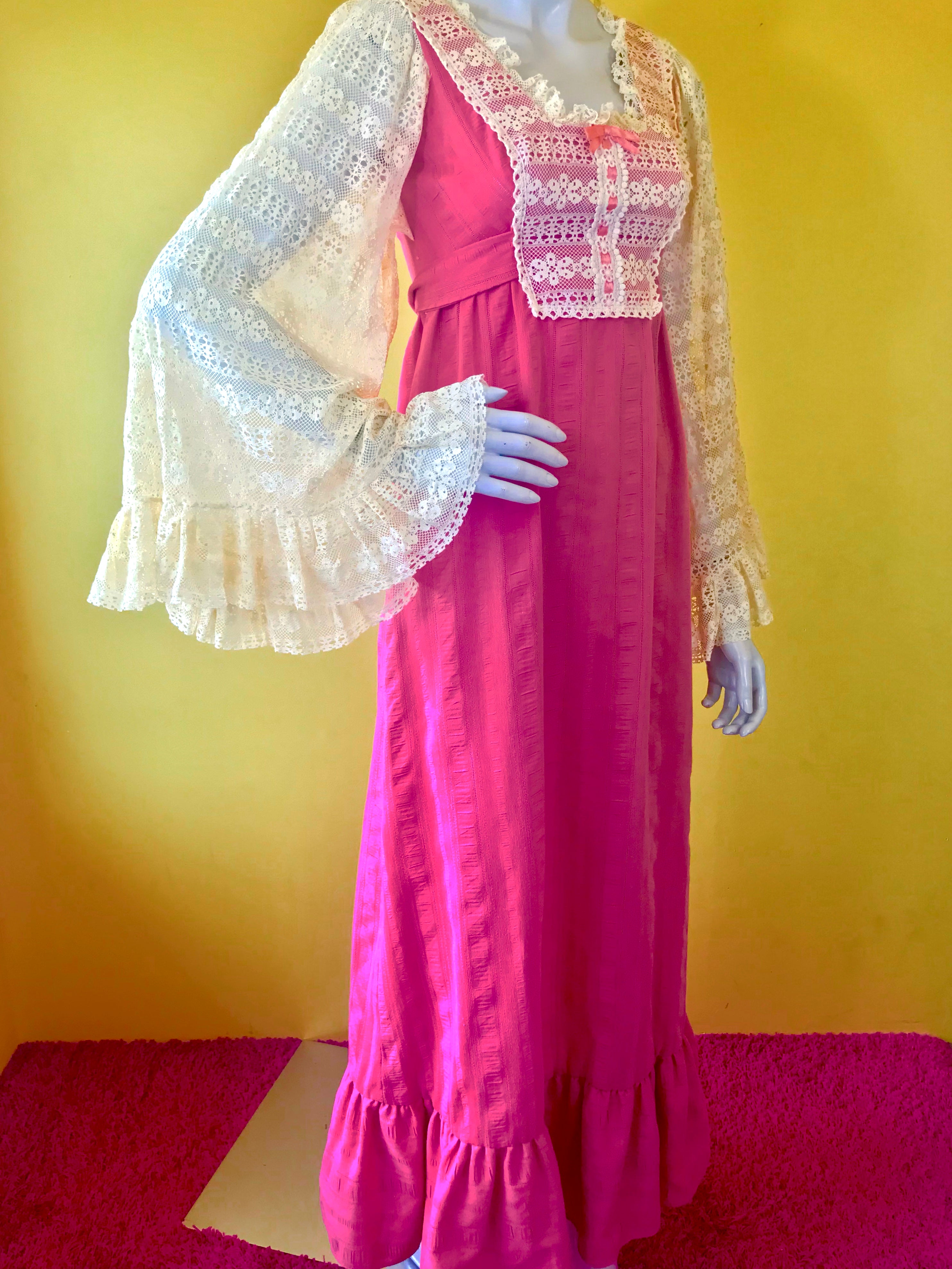Incredible 1970s Lace Angel Sleeve Pink Maxi Dress ~ Sold Exclusively at Empress Vintage in Berkeley, CA.
