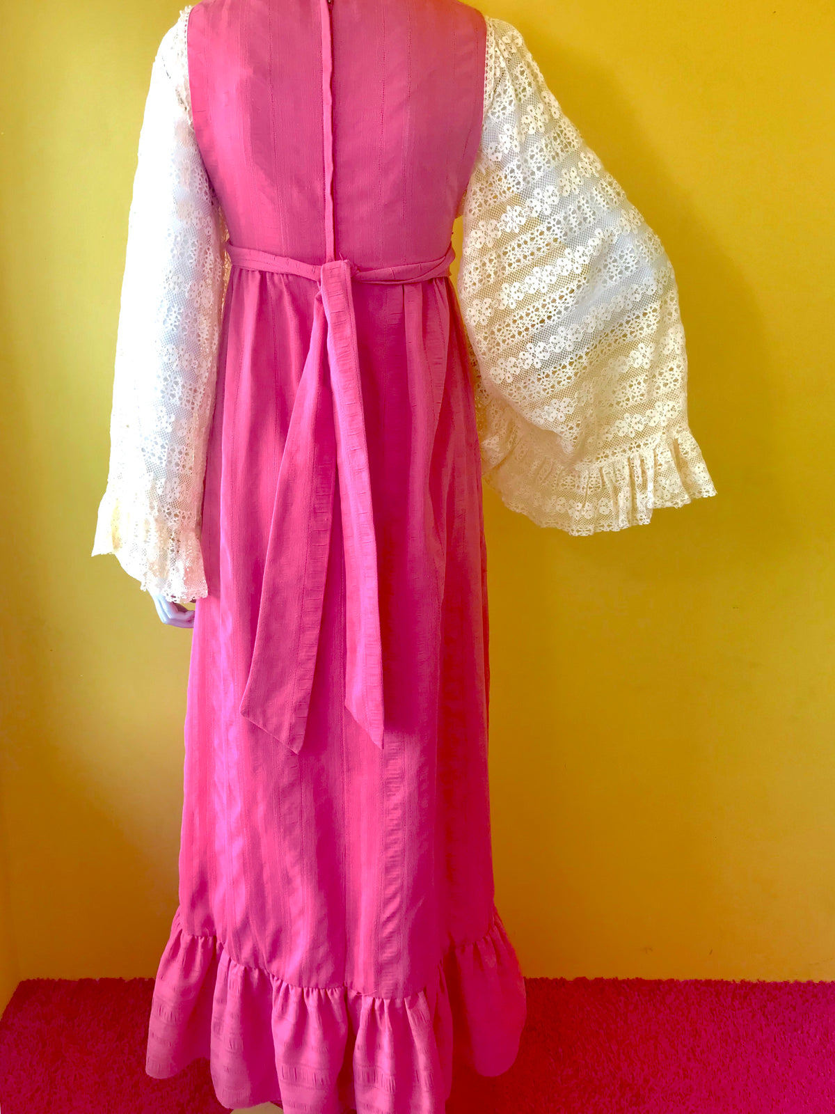 Incredible 1970s Lace Angel Sleeve Pink Maxi Dress — vintage 1970s dress in pink