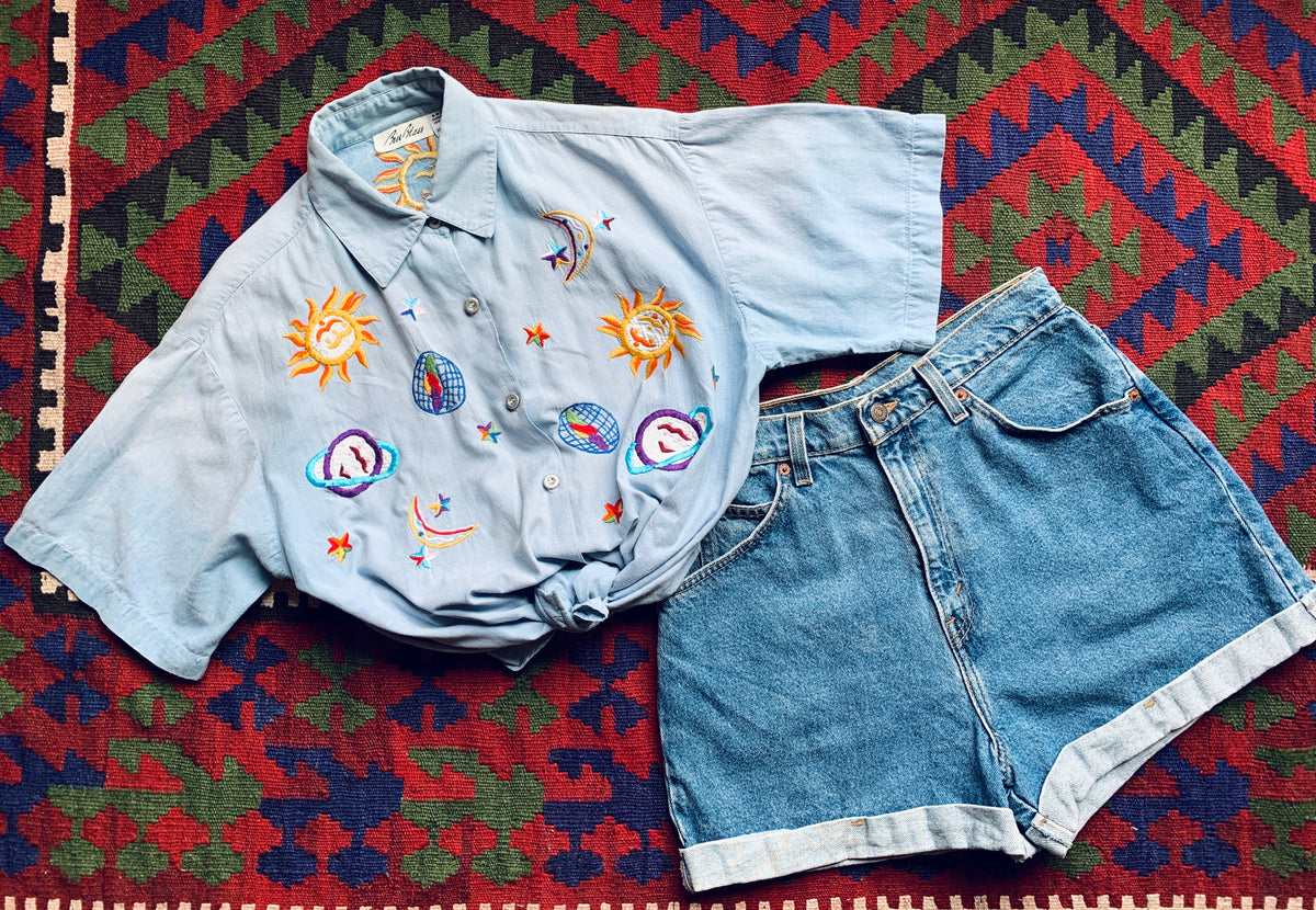 Orange Tab Levi's High Waisted Denim Shorts — vintage 1990s Levi's bottoms in orange, blue