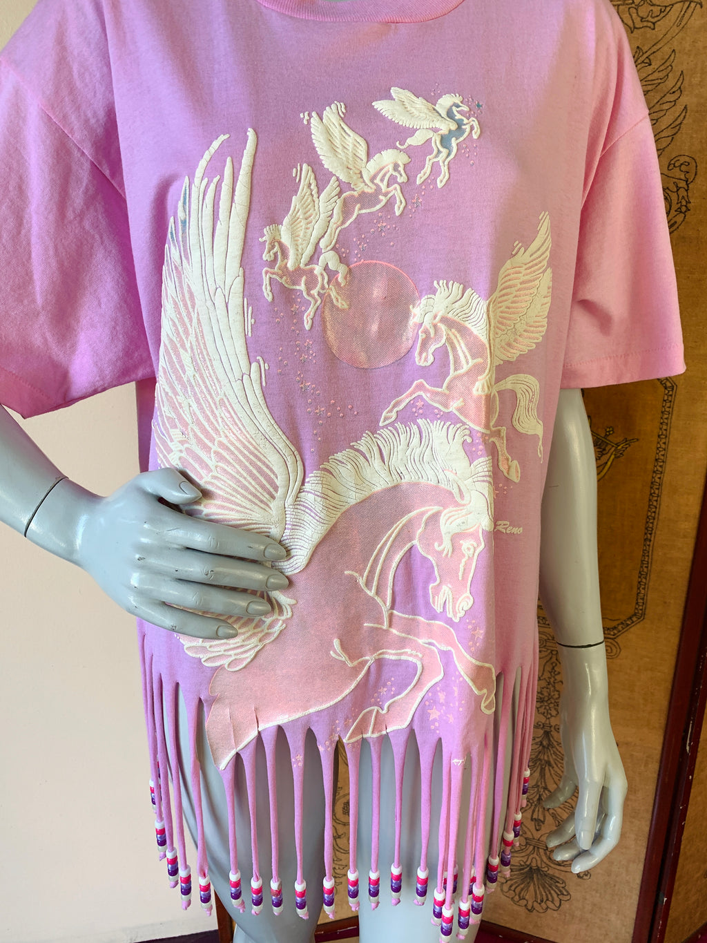 Pink Pegasus Glitter Beaded Fringe T-Shirt — vintage top in pink