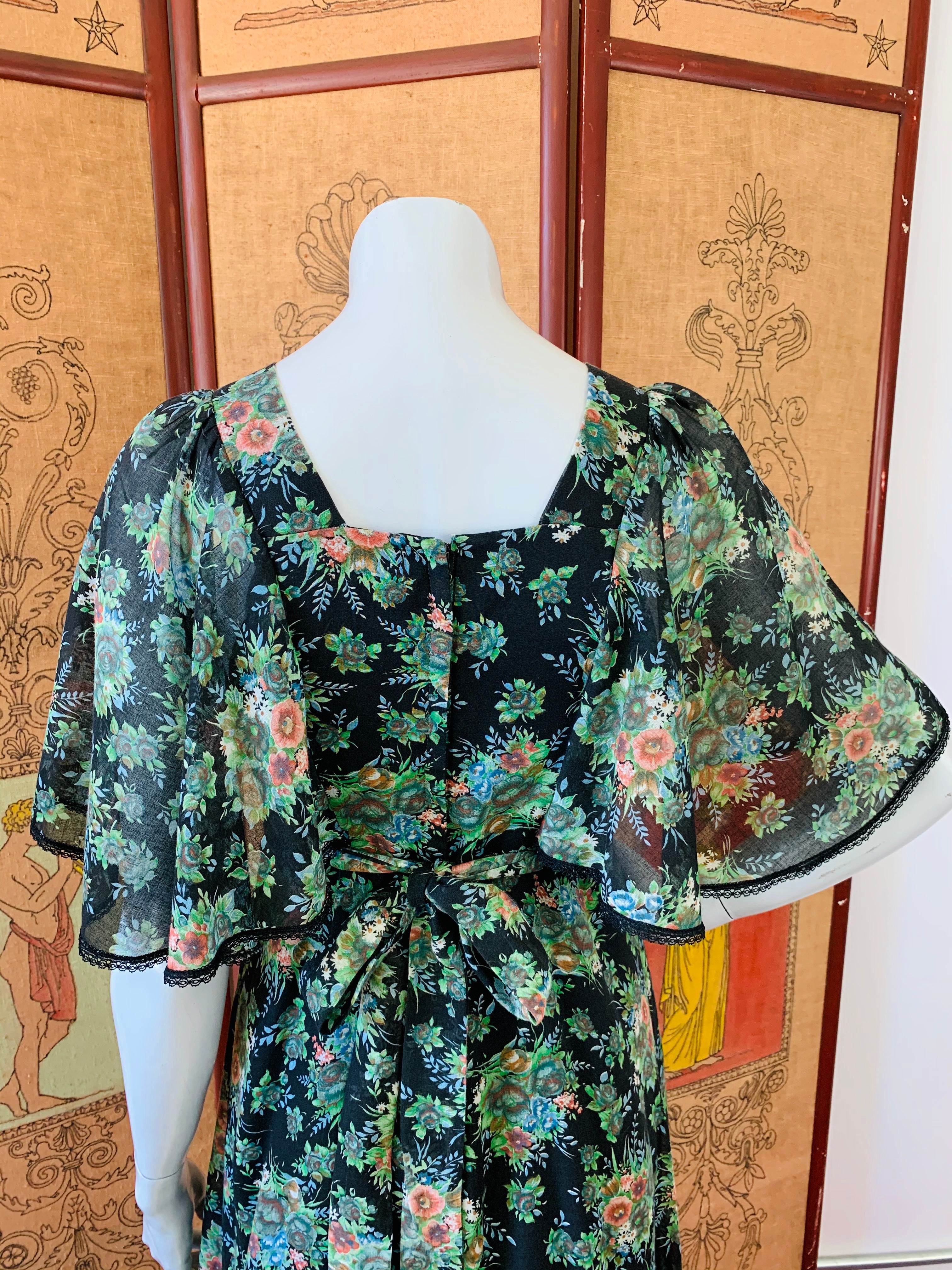 Crochet Detailed 1970s Midnight Floral Flutter Sleeve Maxi Dress — vintage 1970s Candi Jones dress in black