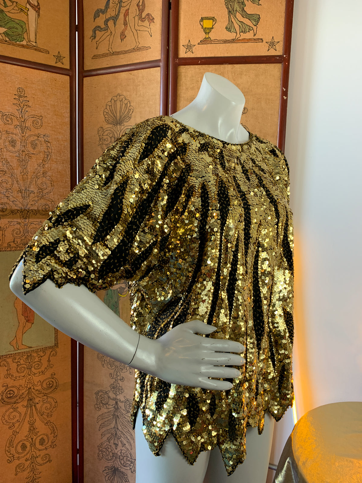 Gold Sequin & Beaded Semi Sheer Fairy Hem Top — vintage 1980s top in gold