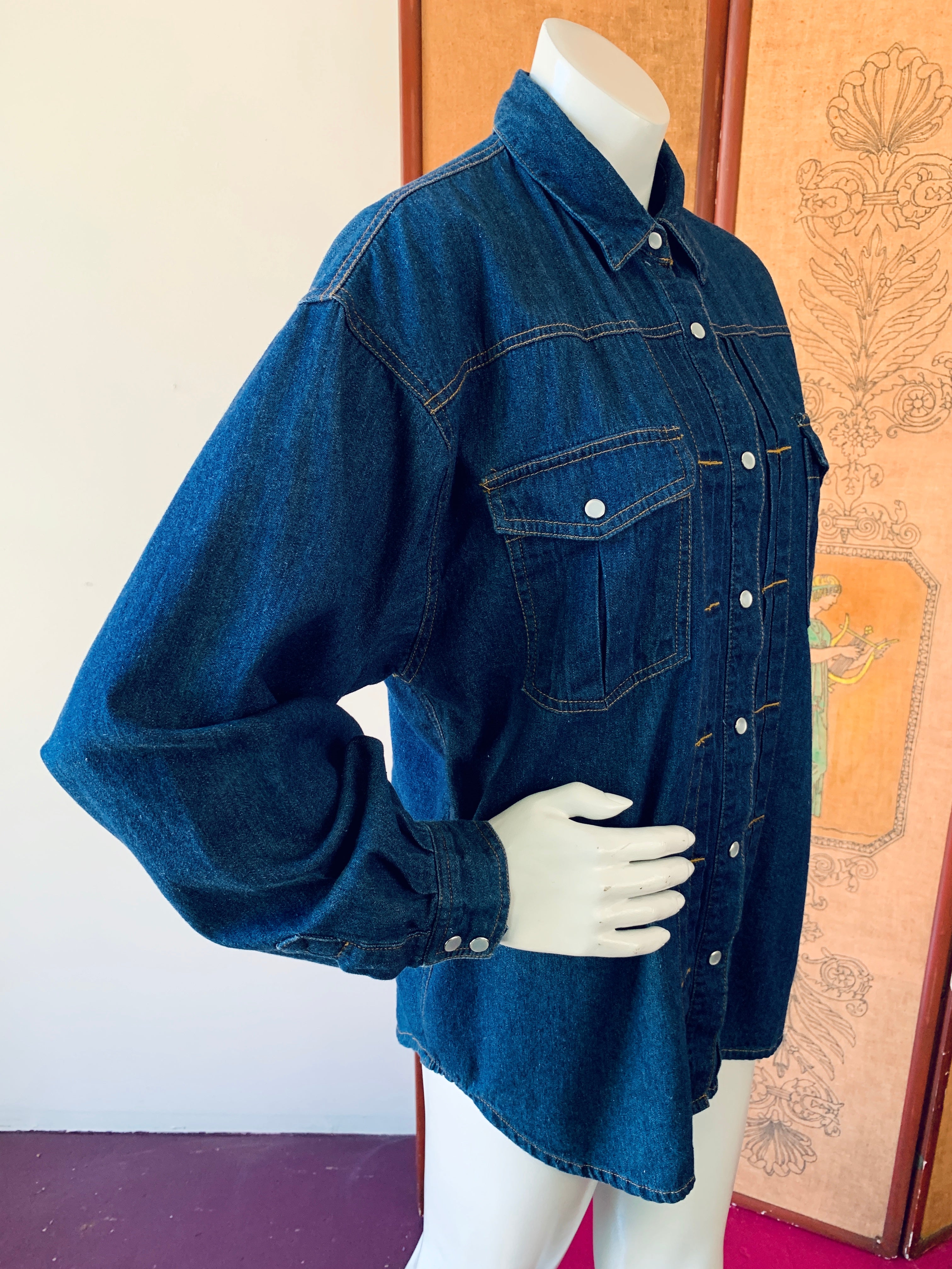 Denim Pearl Snap Long Sleeve Shirt — vintage 1990s top in blue
