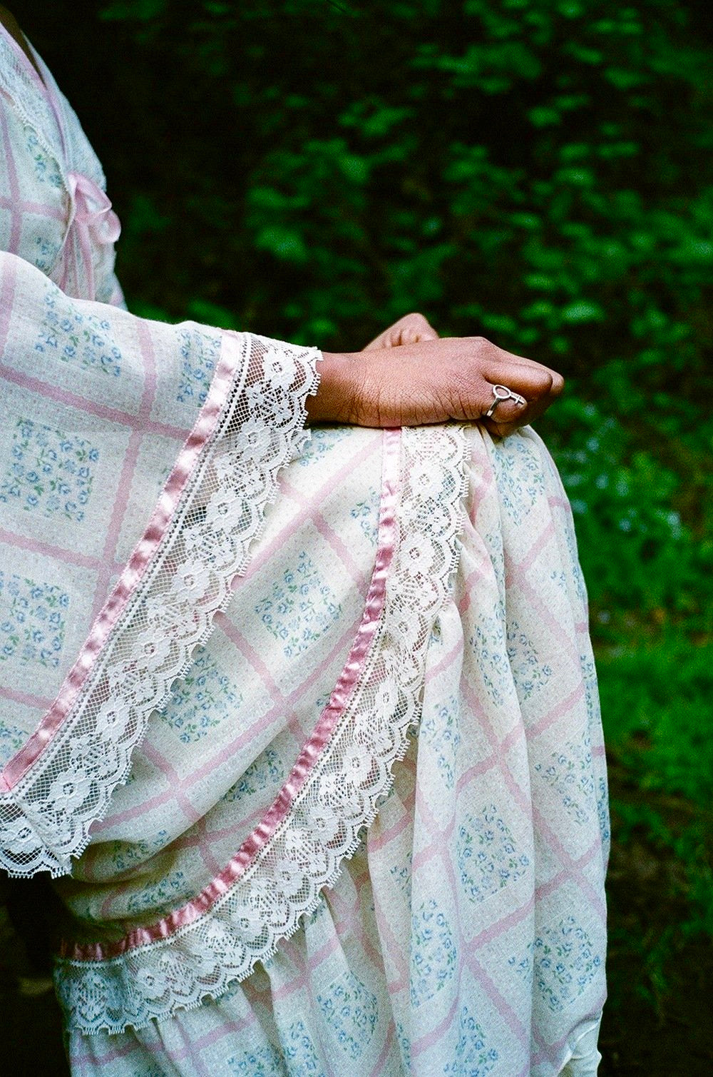 Gorgeous 70s Diamond Print Fairy Sleeve Maxi Dress — vintage 1970s dress in white, pink, blue