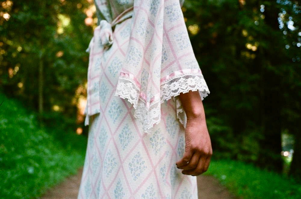 Gorgeous 70s Diamond Print Fairy Sleeve Maxi Dress — vintage 1970s dress in white, pink, blue