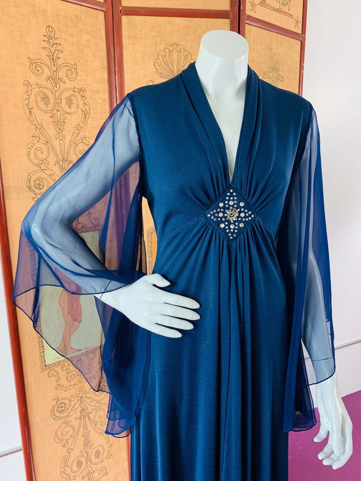 Dark Blue Angelic 1970s Maxi Dress — vintage 1970s dress in blue