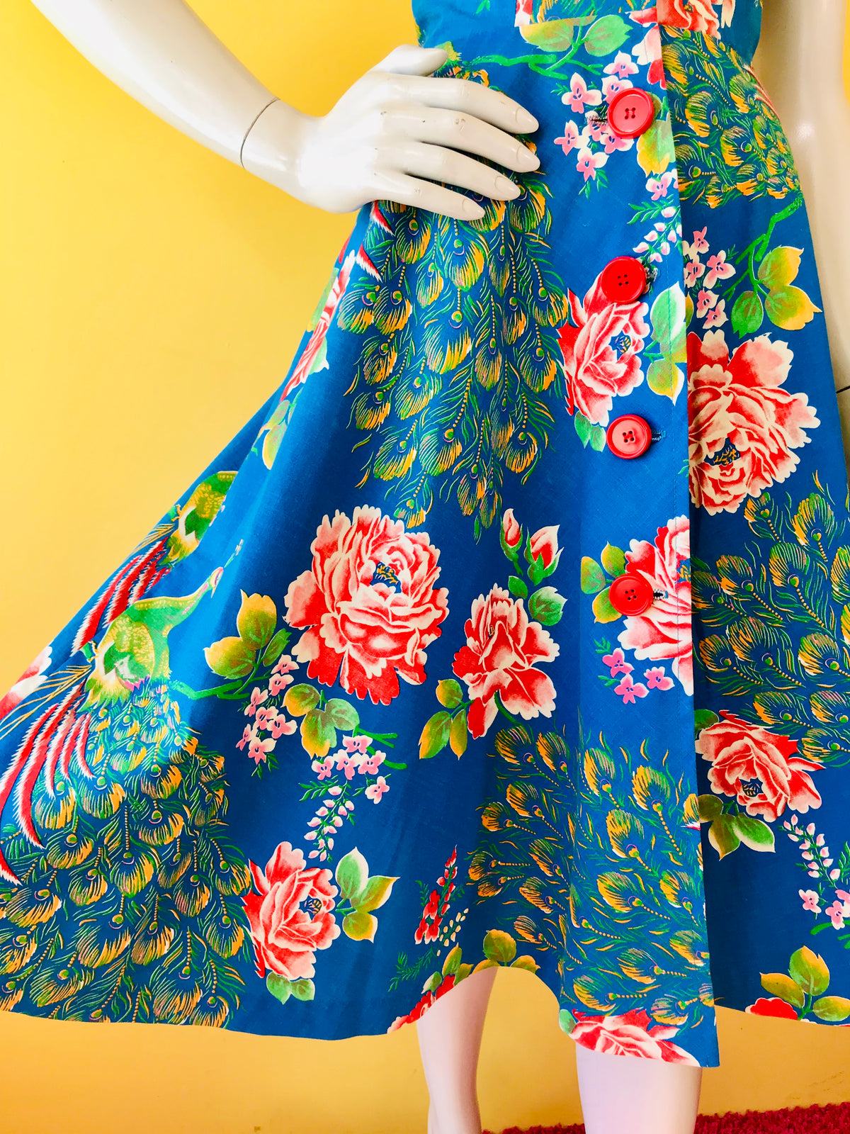 Incredible Button Up Peacock Print Dress — vintage 1950s dress in red, multicolour