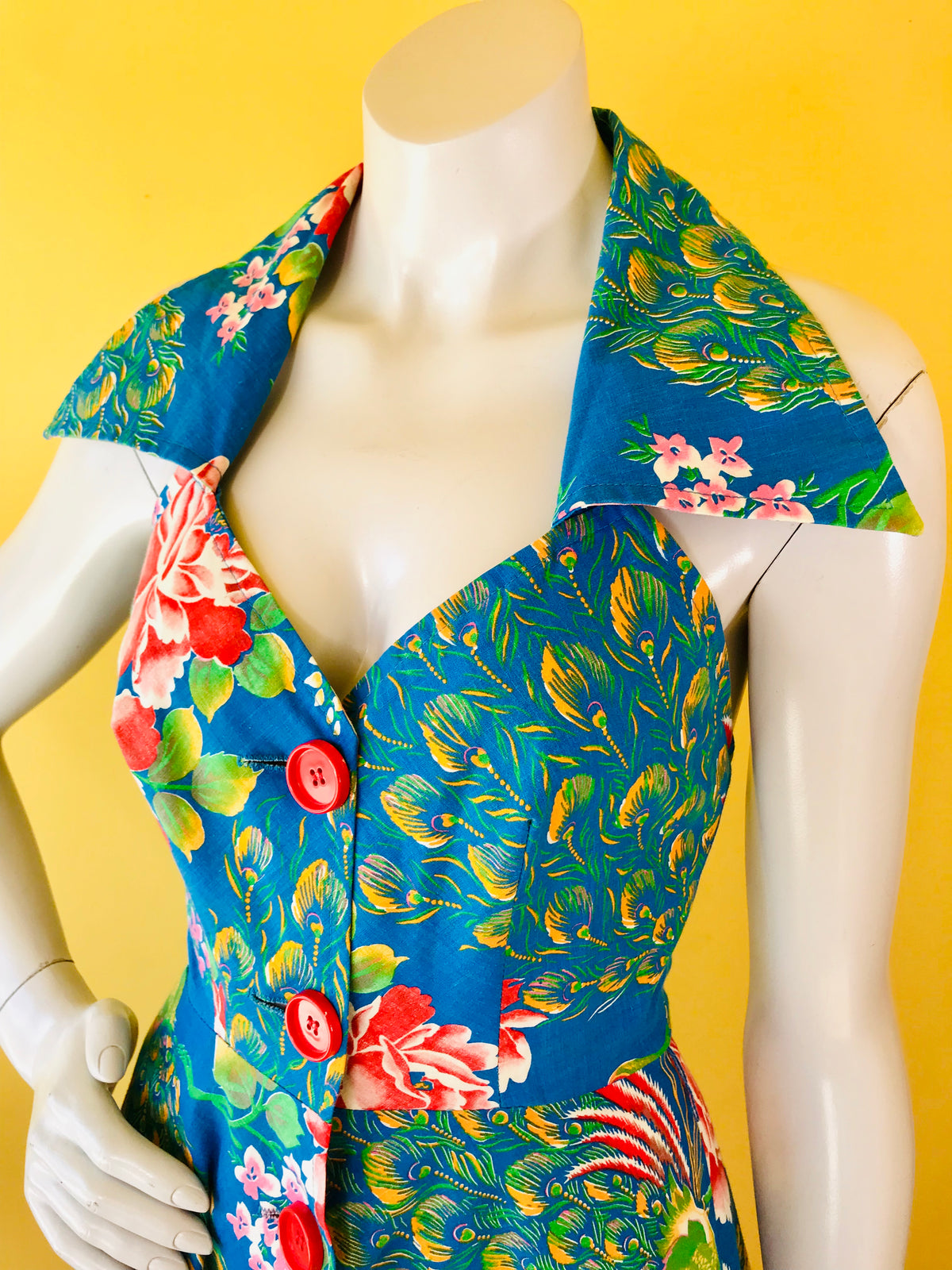 Incredible Button Up Peacock Print Dress — vintage 1950s dress in red, multicolour