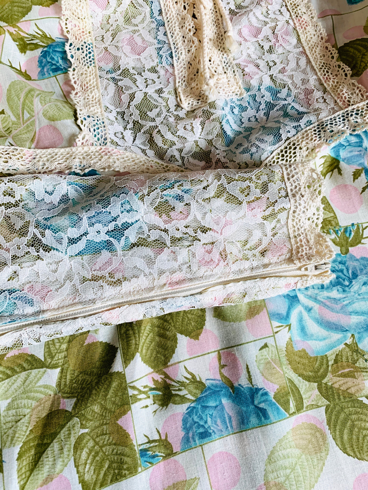 Pastel Rose Print Poet Sleeve 70s Lace Detailed Renaissance Maxi Dress — vintage 1970s dress in pink