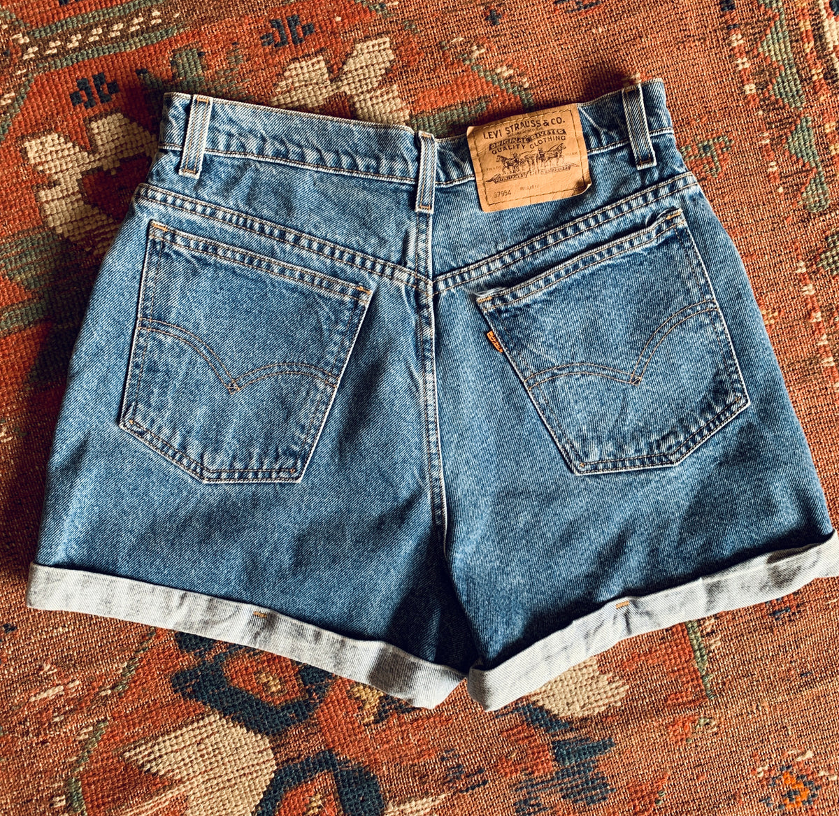 Orange Tab Levi's High Waisted Denim Shorts — vintage 1990s Levi's bottoms in orange, blue