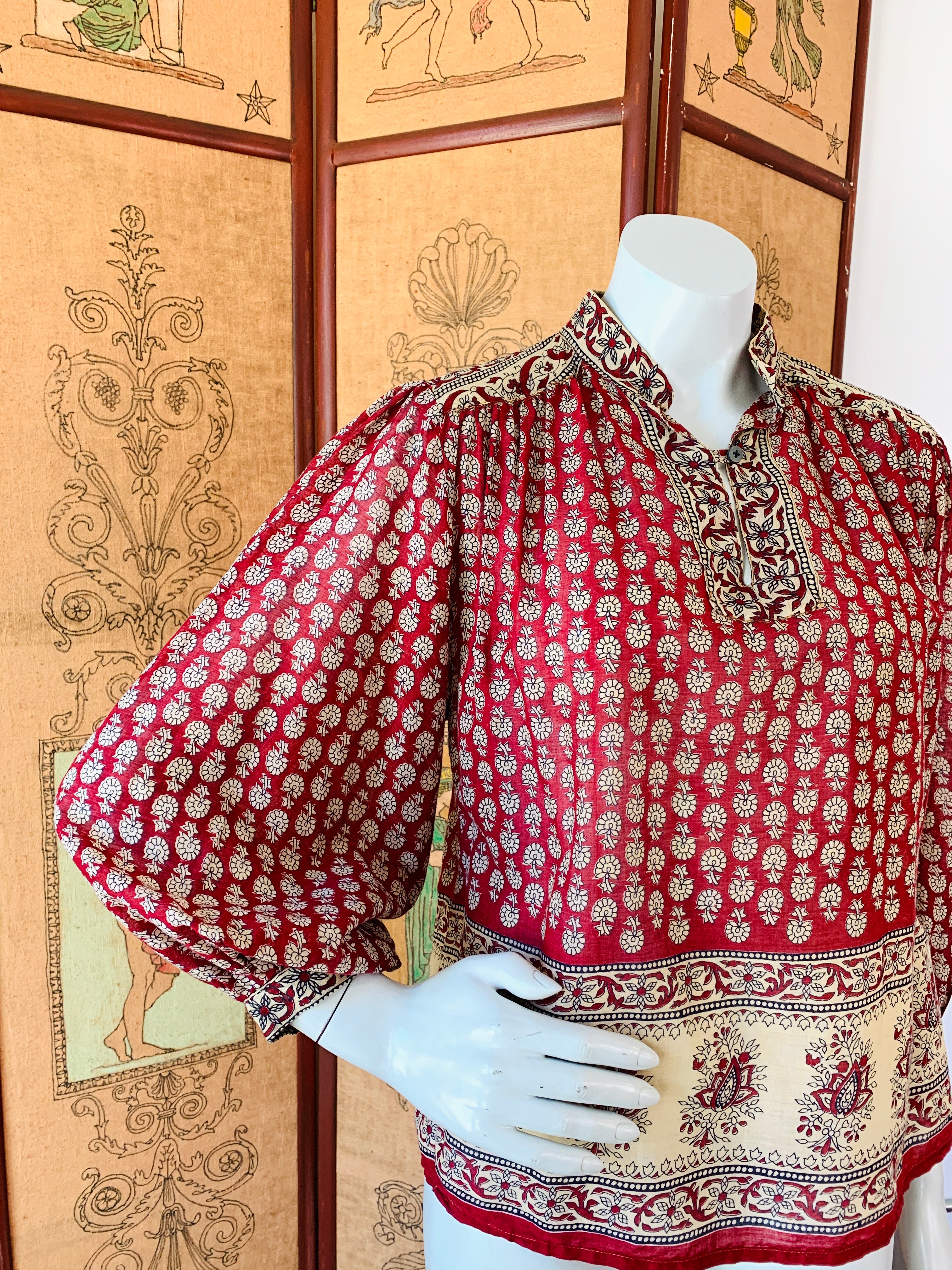 Red & Cream Floral Balloon Sleeve Indian Cotton Blouse — vintage 1970s top in ivory, red