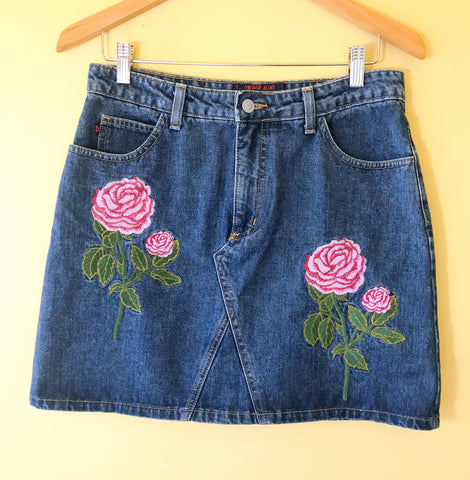 Fiorucci designer denim embroidered roses skirt!  Shop more vintage clothing in our boutique in Berkeley, California.