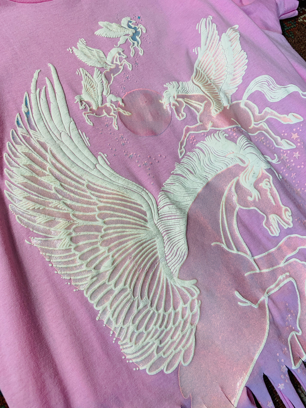 Pink Pegasus Glitter Beaded Fringe T-Shirt — vintage top in pink