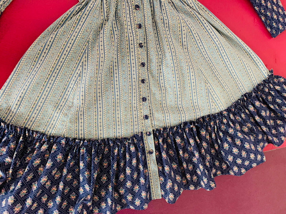 Blue Floral 1970s xs Handmade Pintuck Prairie Dress — vintage 1970s dress in blue
