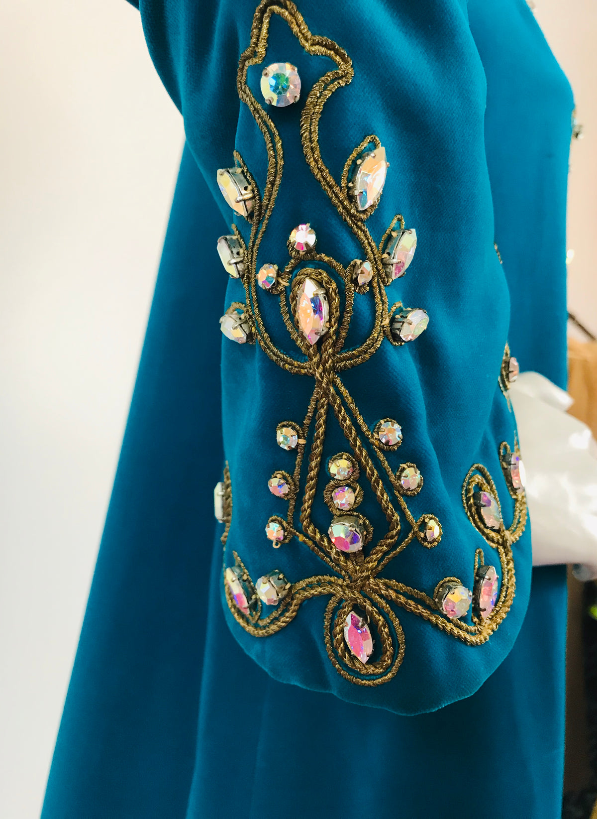 Turquoise High Priestess 1960s Bejeweled Velvet Caftan — vintage 1960s Malouf Design caftan in blue