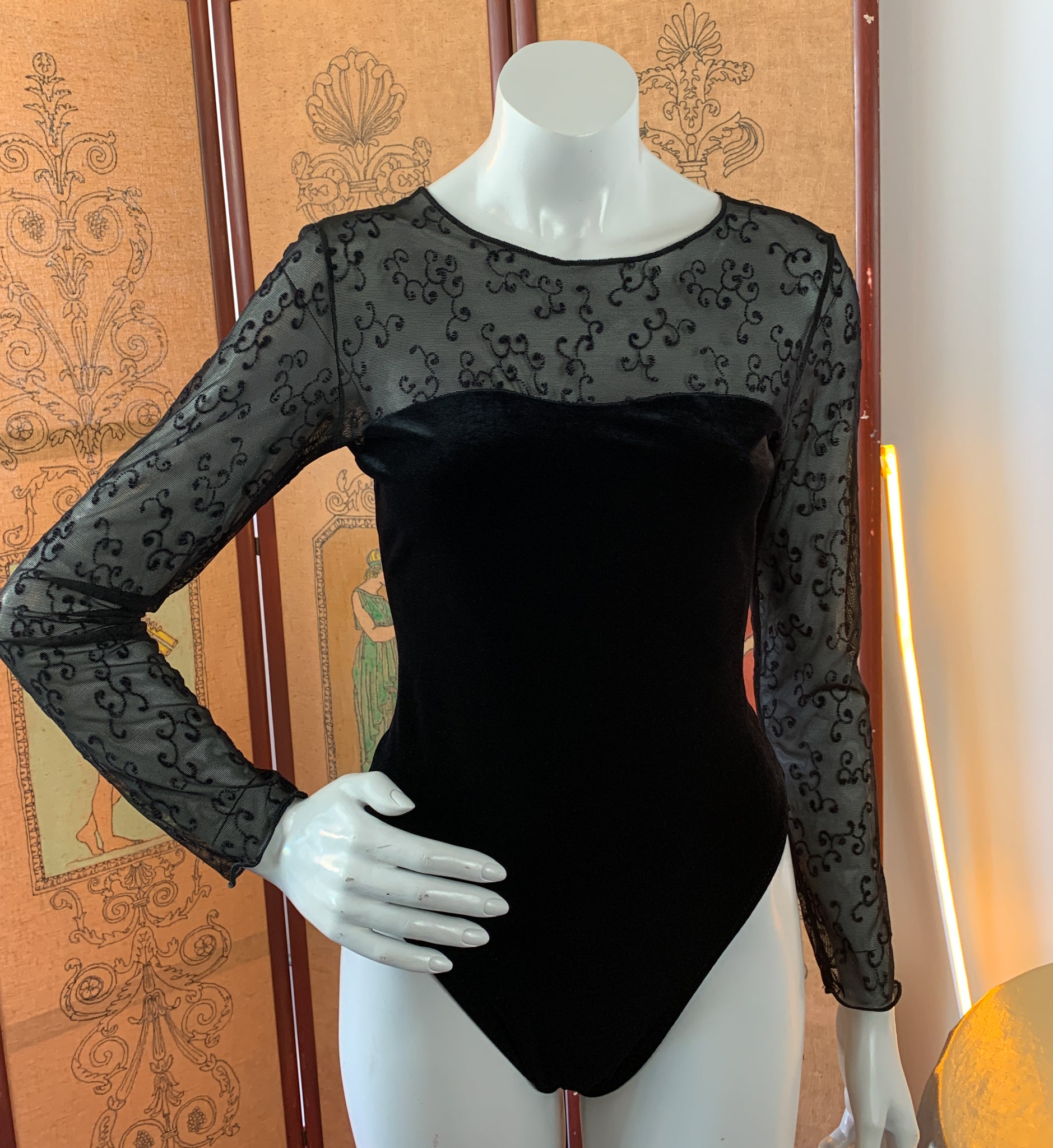 Black Velvet Mesh Thong Bodysuit — vintage 1990s top in black