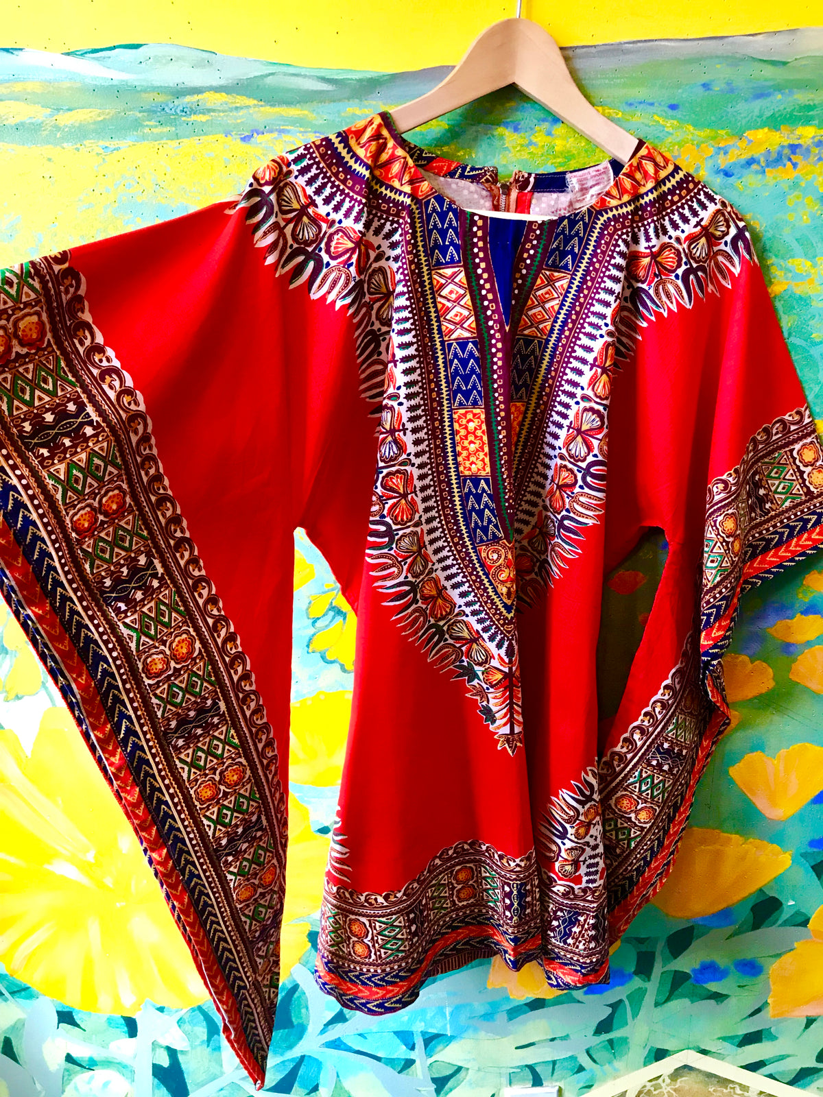 70s Orange + Earth Tone Wizard Sleeve Mini Caftan — vintage 1970s dress in orange, brown