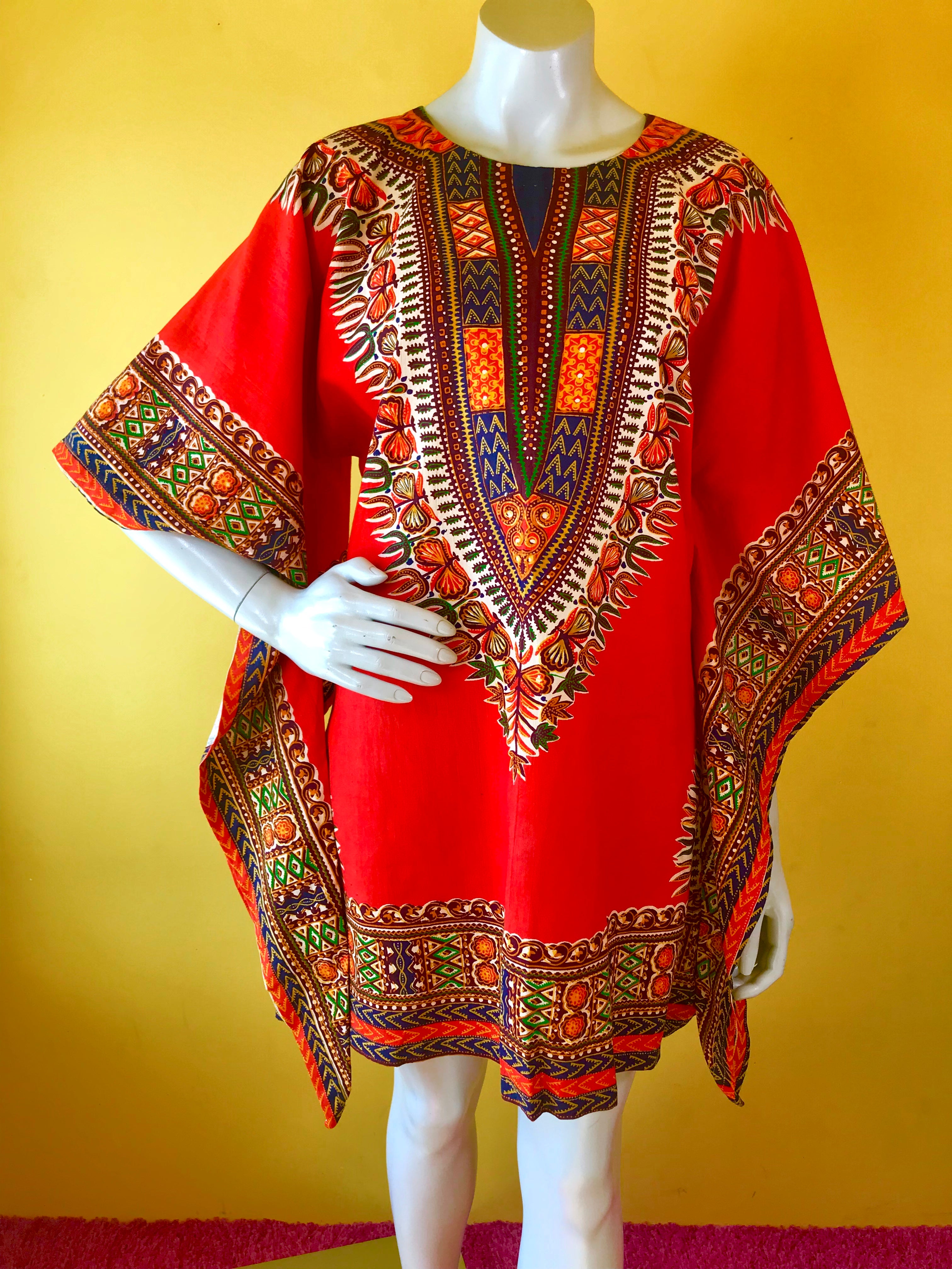 70s Orange + Earth Tone Wizard Sleeve Mini Caftan — vintage 1970s dress in orange, brown