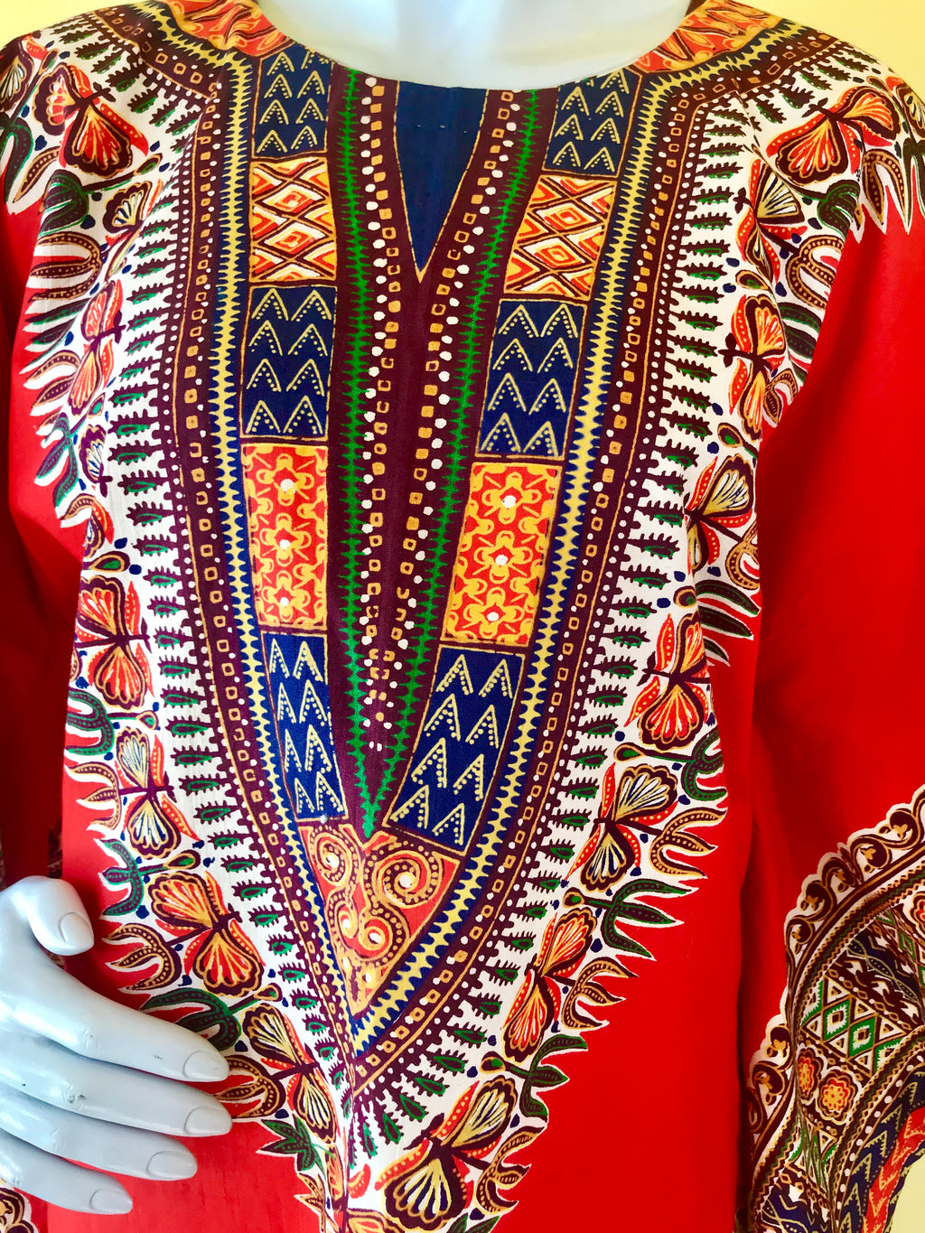 70s Orange + Earth Tone Wizard Sleeve Mini Caftan — vintage 1970s dress in orange, brown